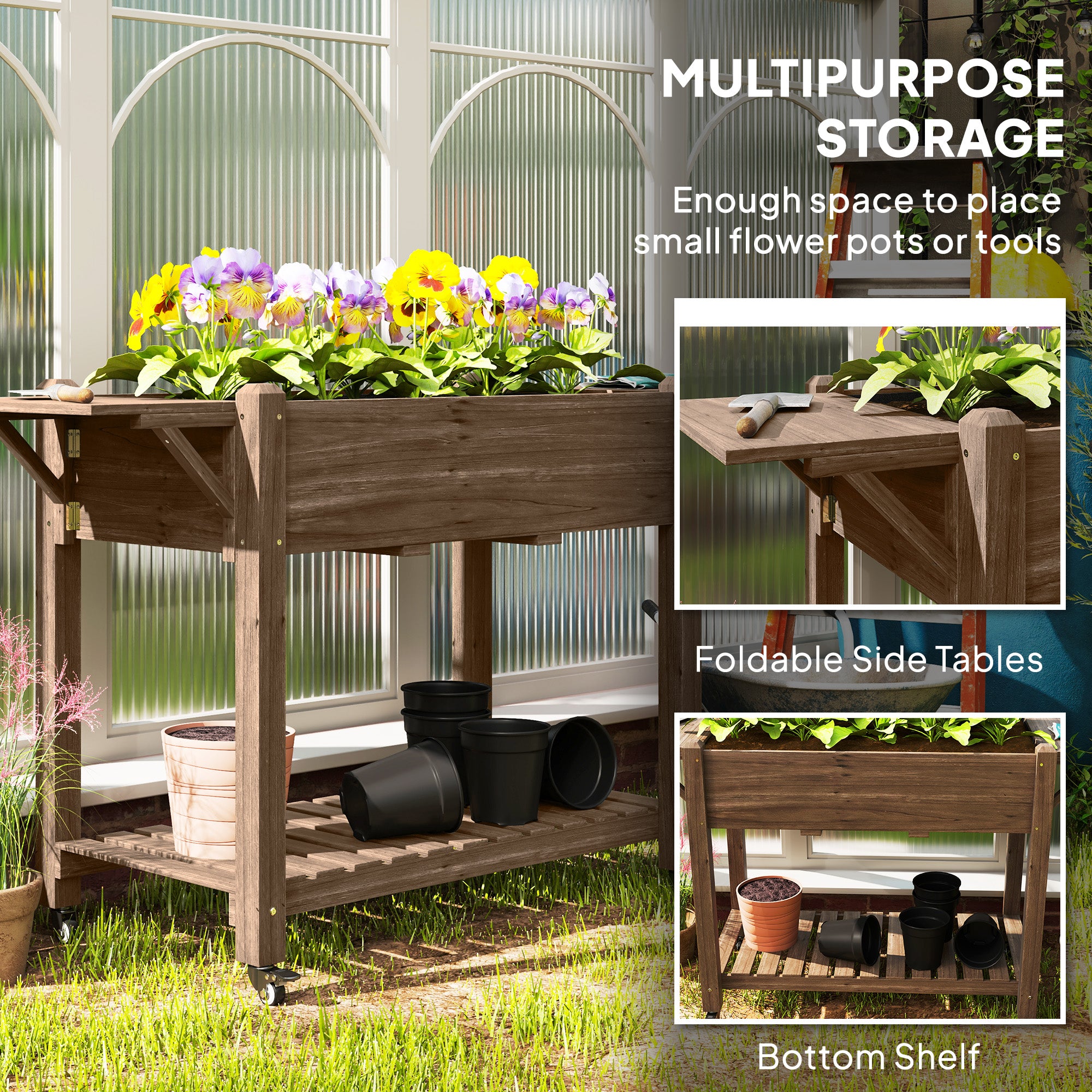 Wood Raised Planter Box, Elevated Garden Bed with Lockable Wheels, Side Tables, Bottom Shelf, Drain Holes, Carbonized - Carbonized - Image 4