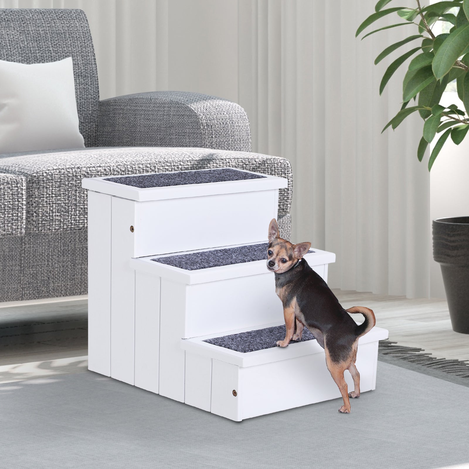3 Step Wooden Carpeted Non Slip Pet Stairs Ramp for Cats and Small Dogs - White - White - Image 2