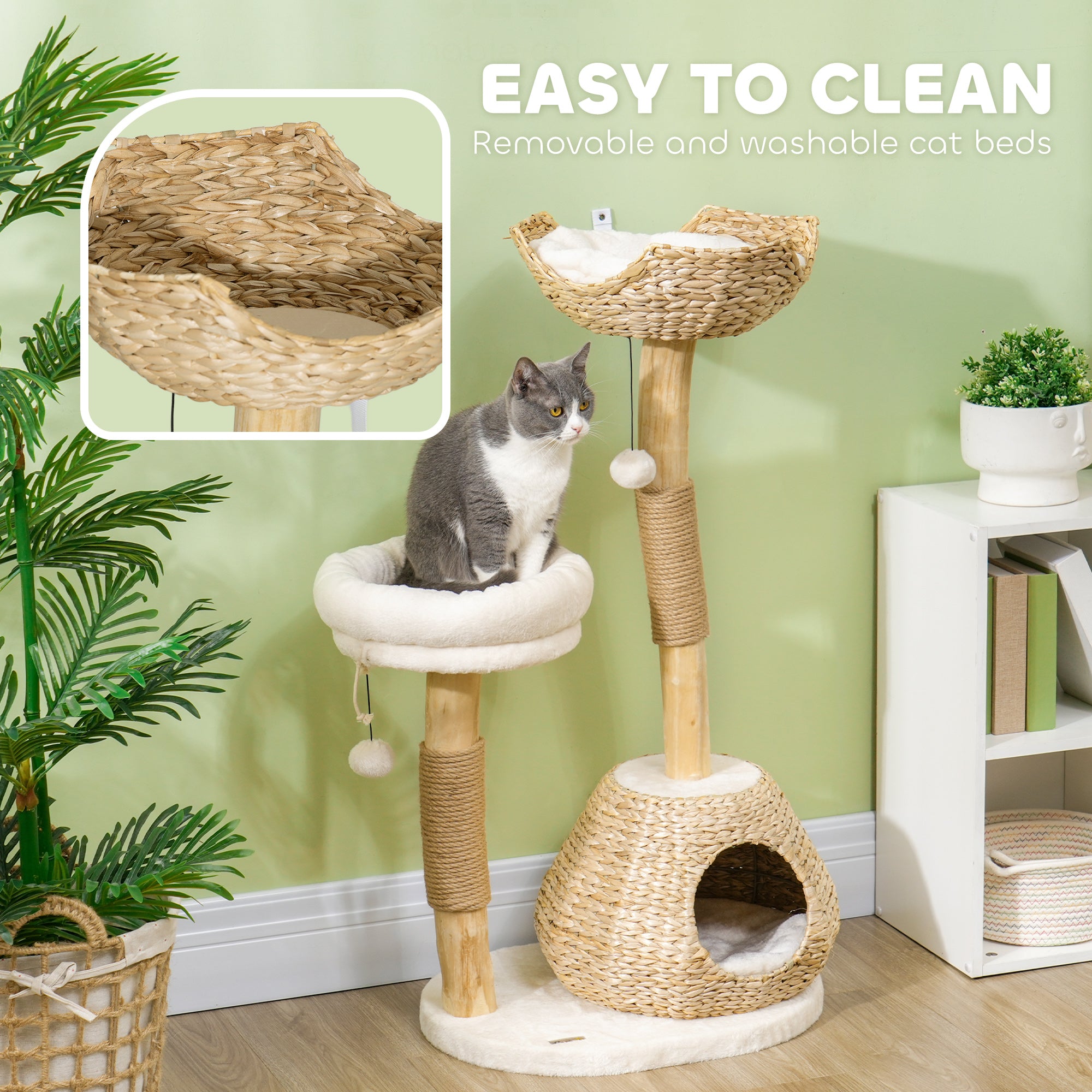 41" Cat Tree for Indoor Cats with Wooden Cat Scratching Posts, Cat Condo, Cat Beds & Toy Balls, Cream White - Cream White - Image 6