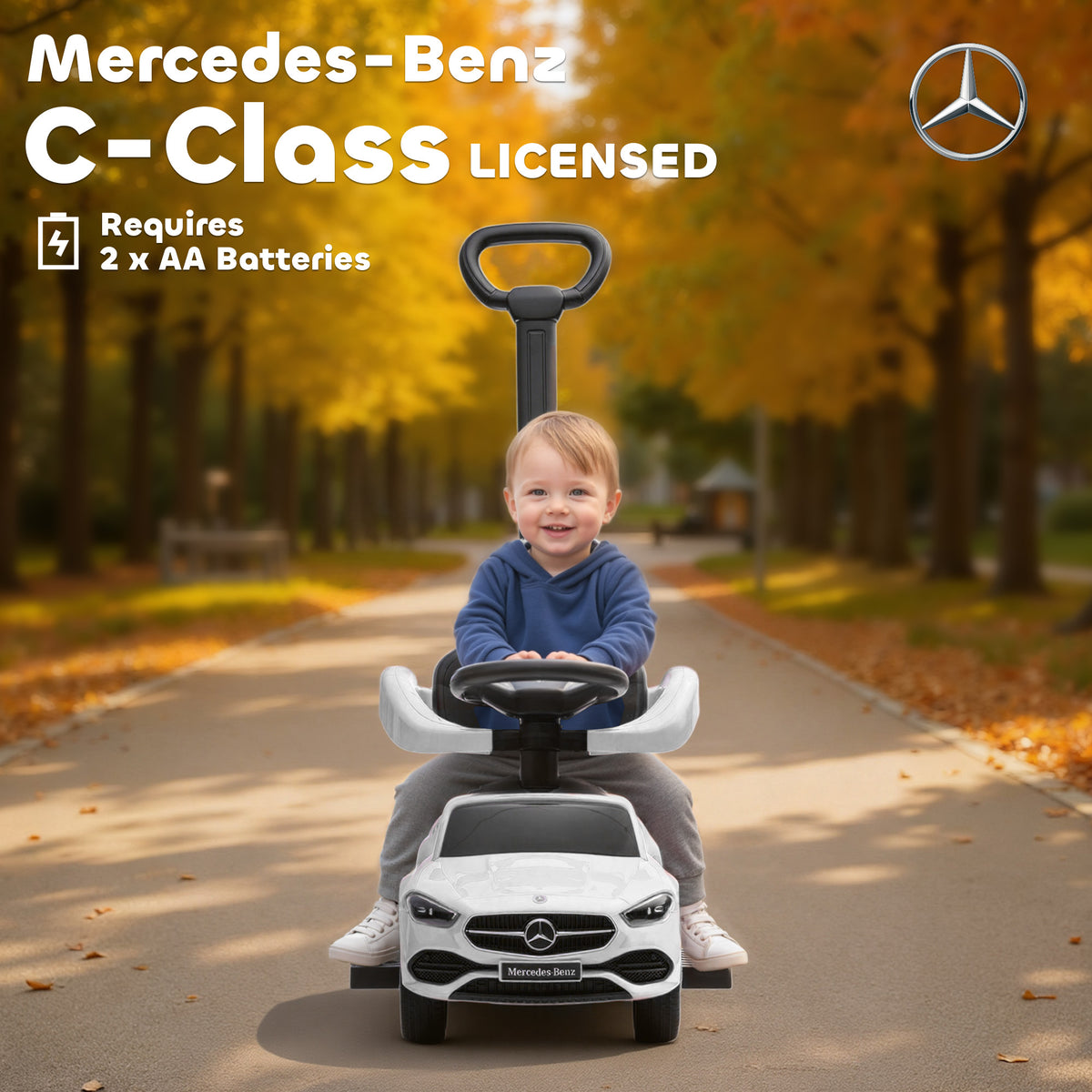 Qaba Mercedes-Benz C-Class Licensed Ride-On Push Car, Baby Stroller Walking Car with Parent Control Handle, Horn, White