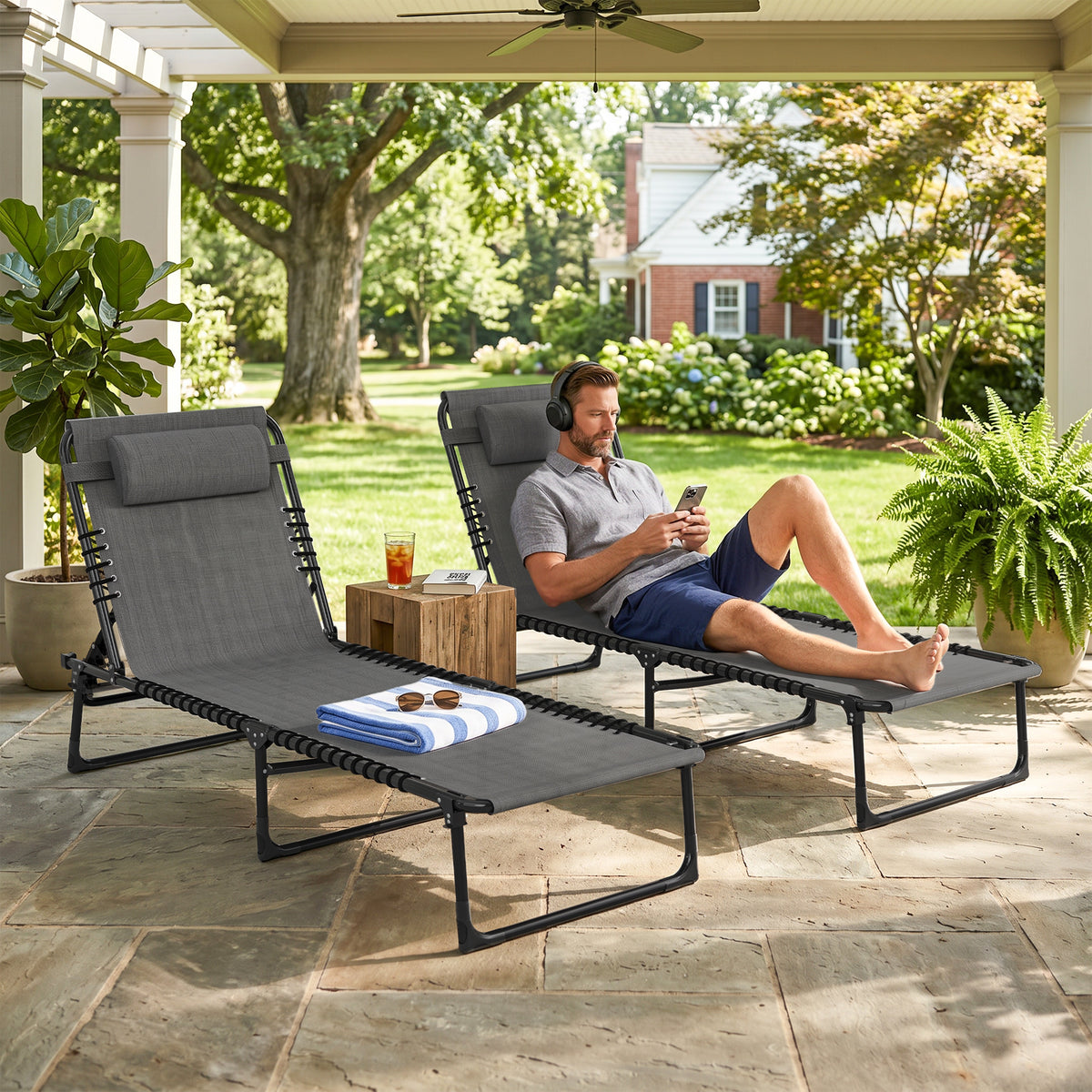 2 Folding Chaise Lounge Pool Chairs with 4-Position Reclining Back, Pillow, Breathable Mesh & Bungee Seat, Gray