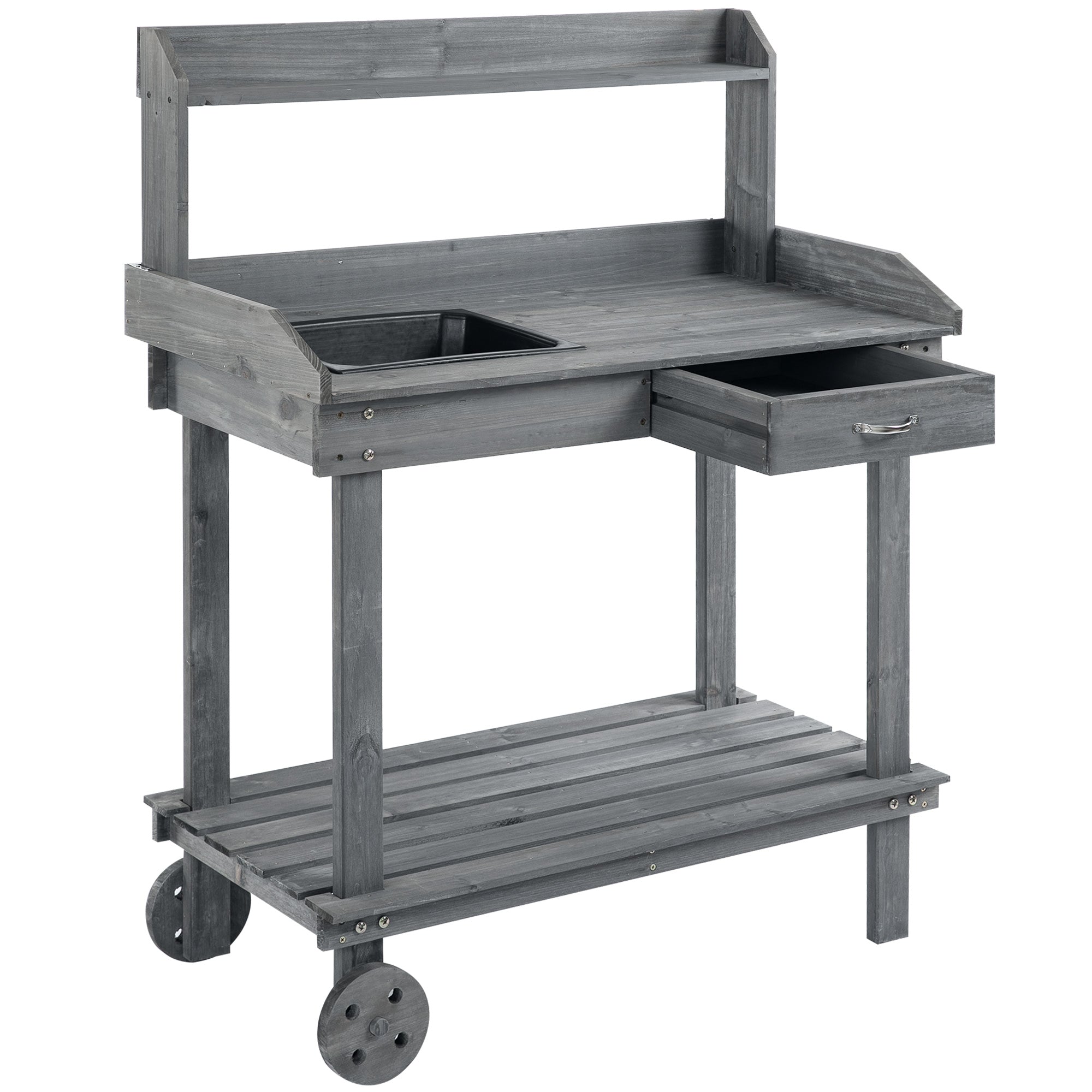 36" Wooden Potting Bench Work Table with 2 Removable Wheels, Garden Workstation with Removable Sink, Drawer & Large Storage Spaces, Gray - Gray