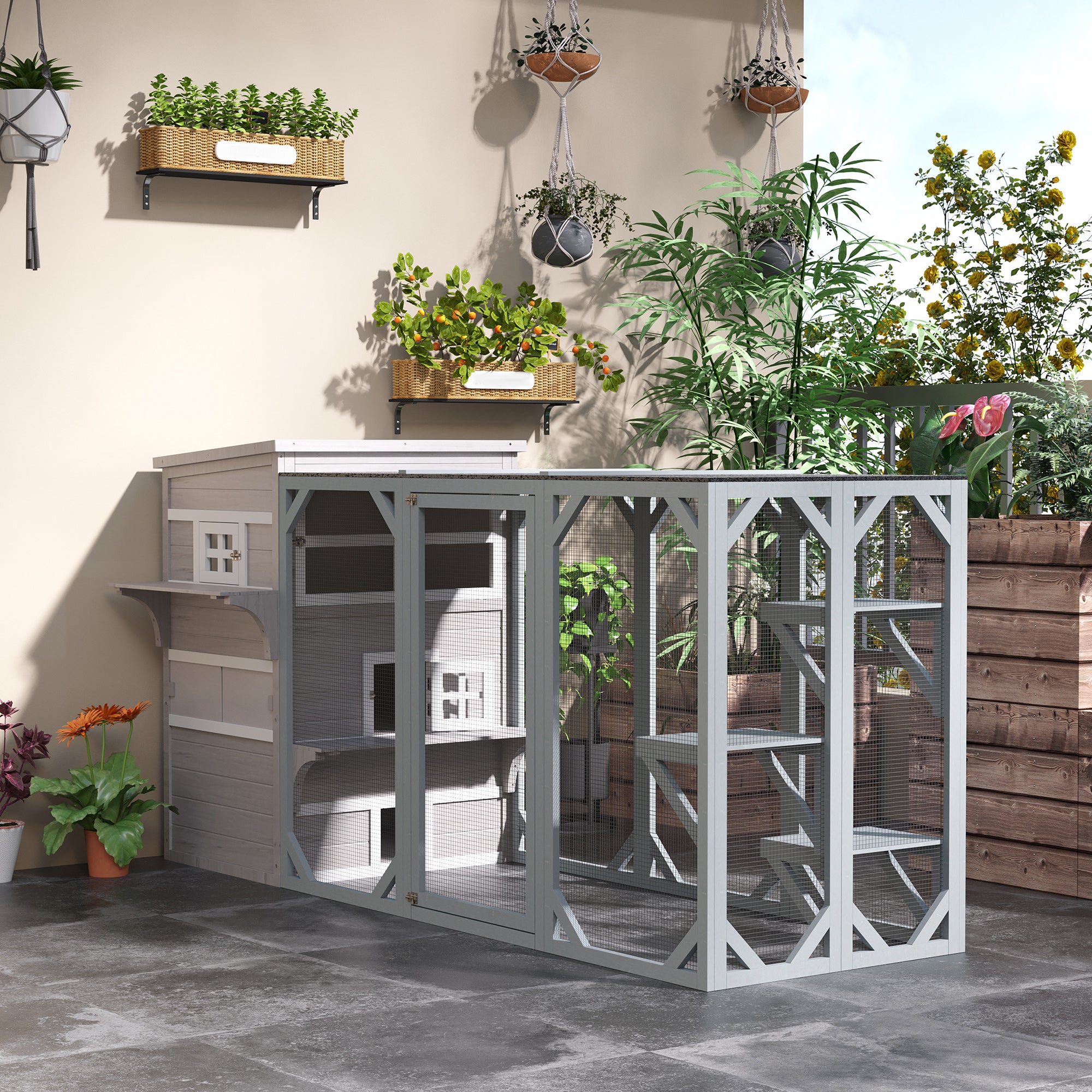 Outdoor Cat House, 3-Tier Kitty Shelter with 5 Escape Doors, Weather Resistant, Gray & White - Gray - Image 8