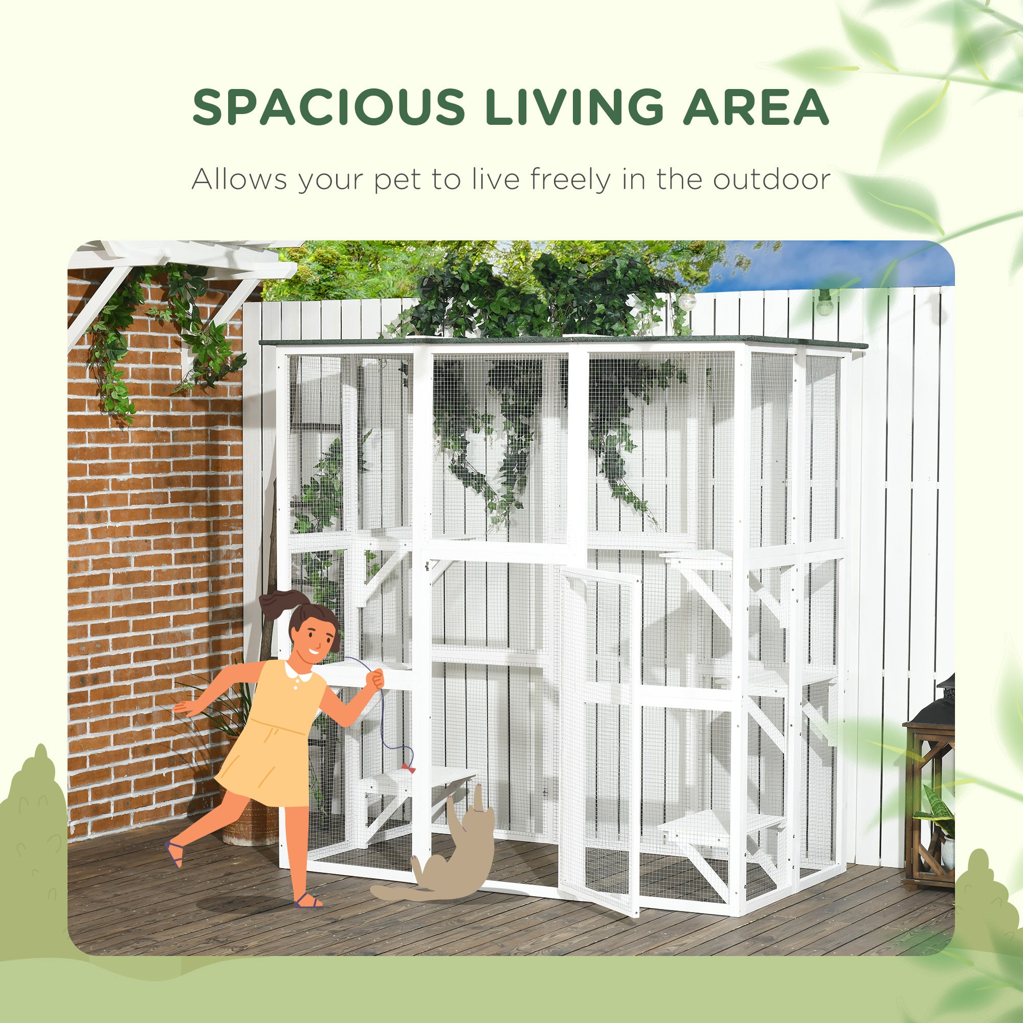 Outdoor Cat House Big Catio Wooden Feral Cat Shelter Enclosure with Large Spacious Interior, 6 High Ledges, Weather Protection Asphalt Roof, 71" L, White - White - Image 7