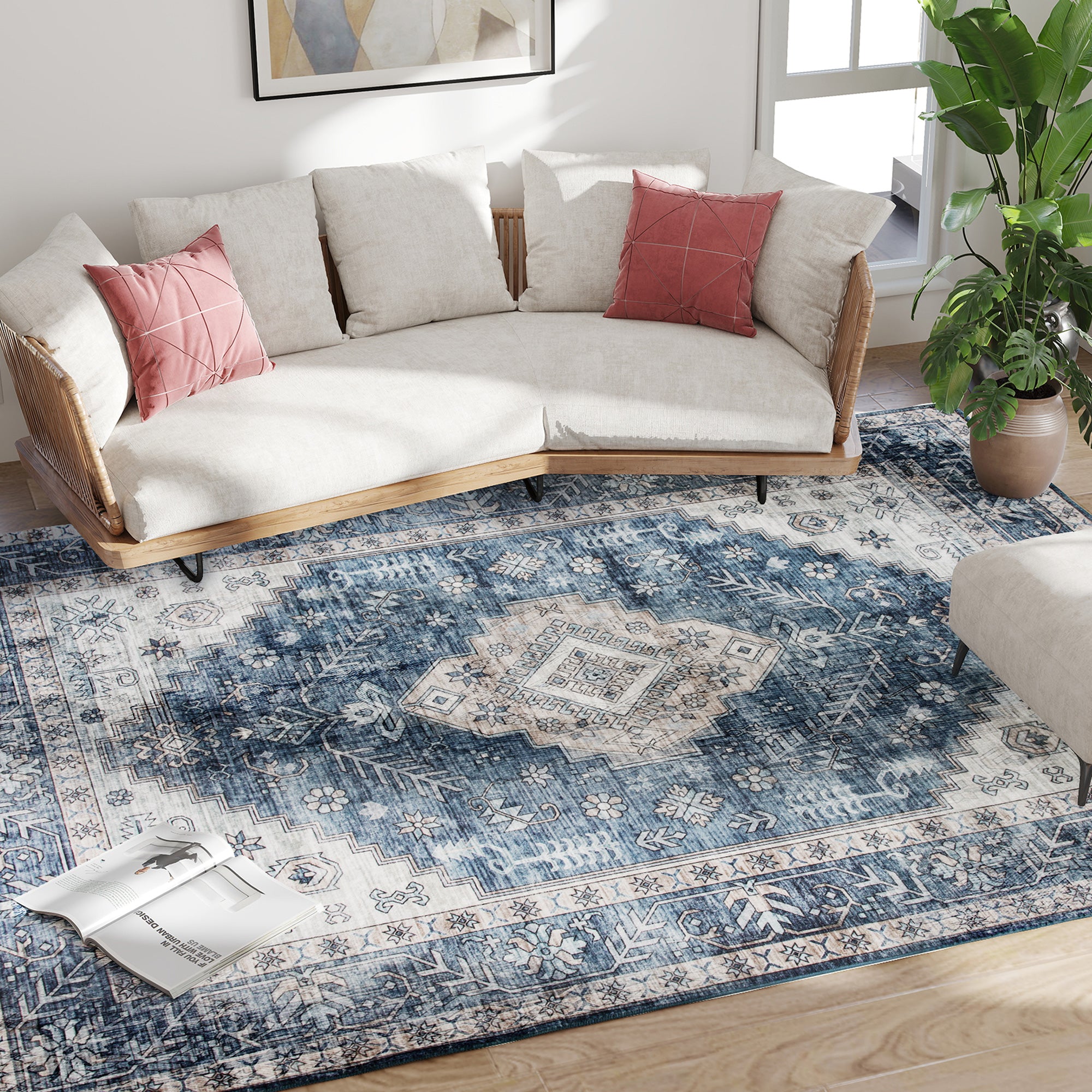 8x10 Area Rug, Vintage Washable Rug, Non-Slip Floor Carpet for Living Room, Bedroom, Dining Room, Blue