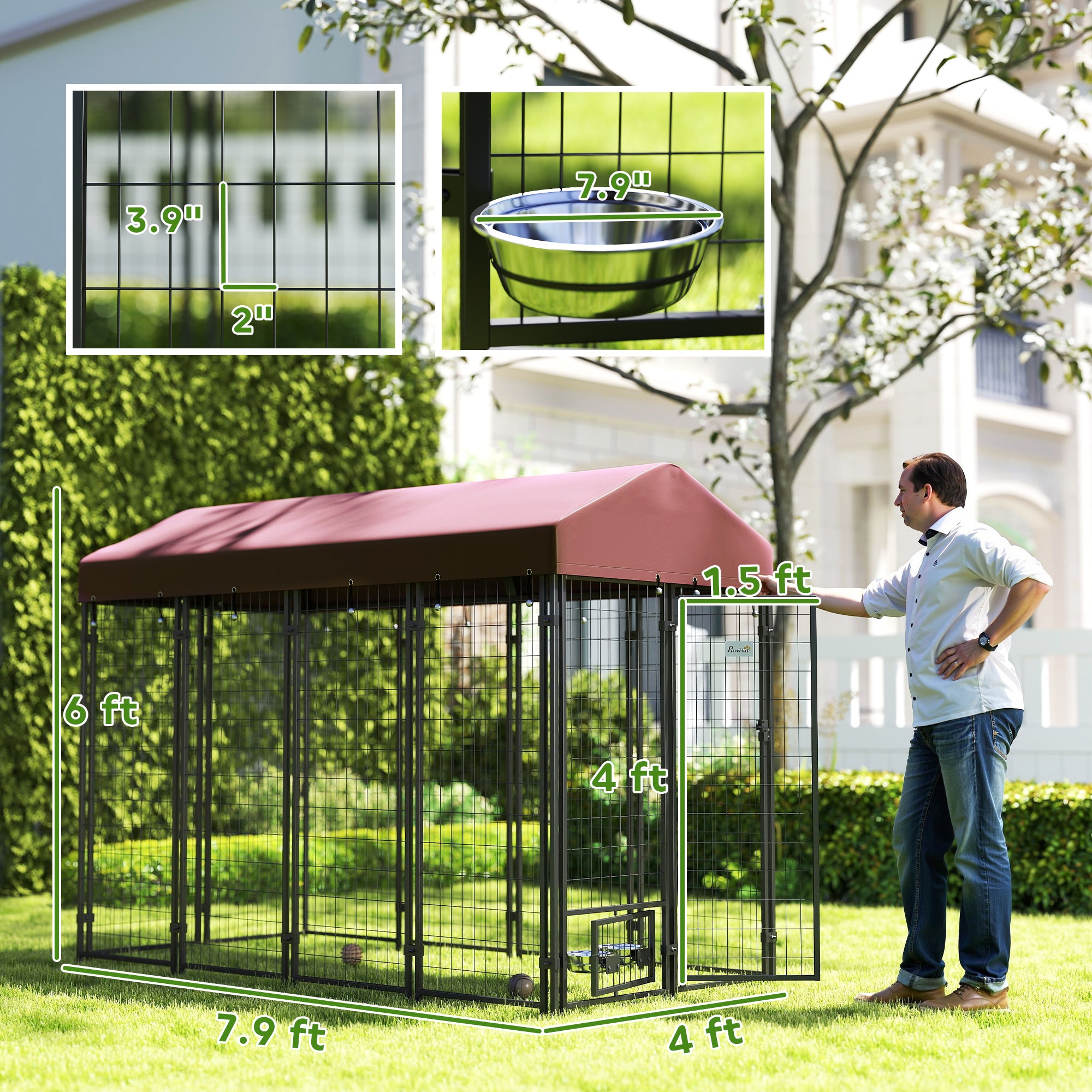 Outdoor Dog Kennel with Rotating Bowl Holders, Walk-in Pet Playpen with Waterproof Cover, 8' x 4' x 6', Red - Red - Image 3