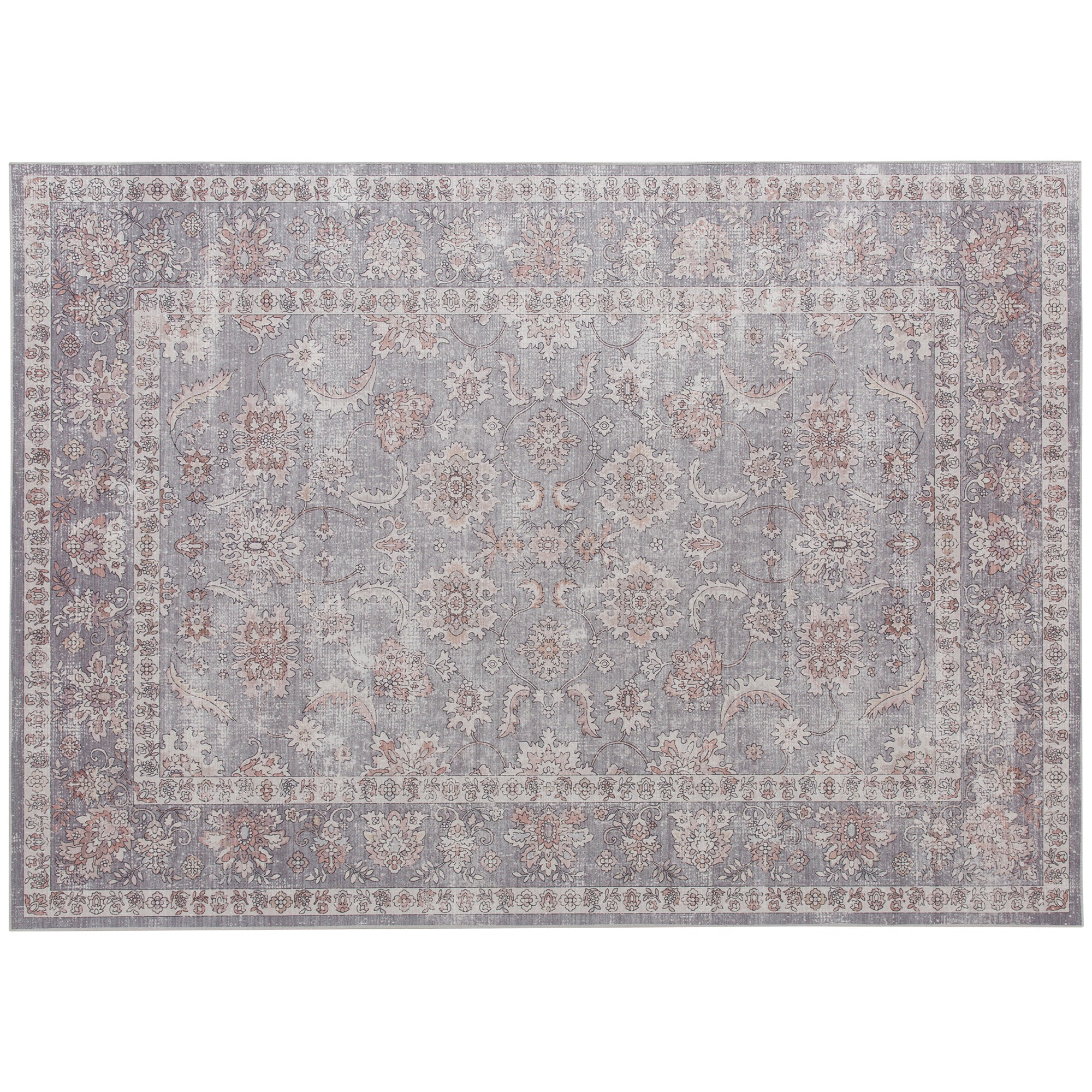 Machine Washable Area Rug 8x10, Non-Slip Traditional Flower Print Floor Carpet for Living Room, Bedroom, Grey and Brown