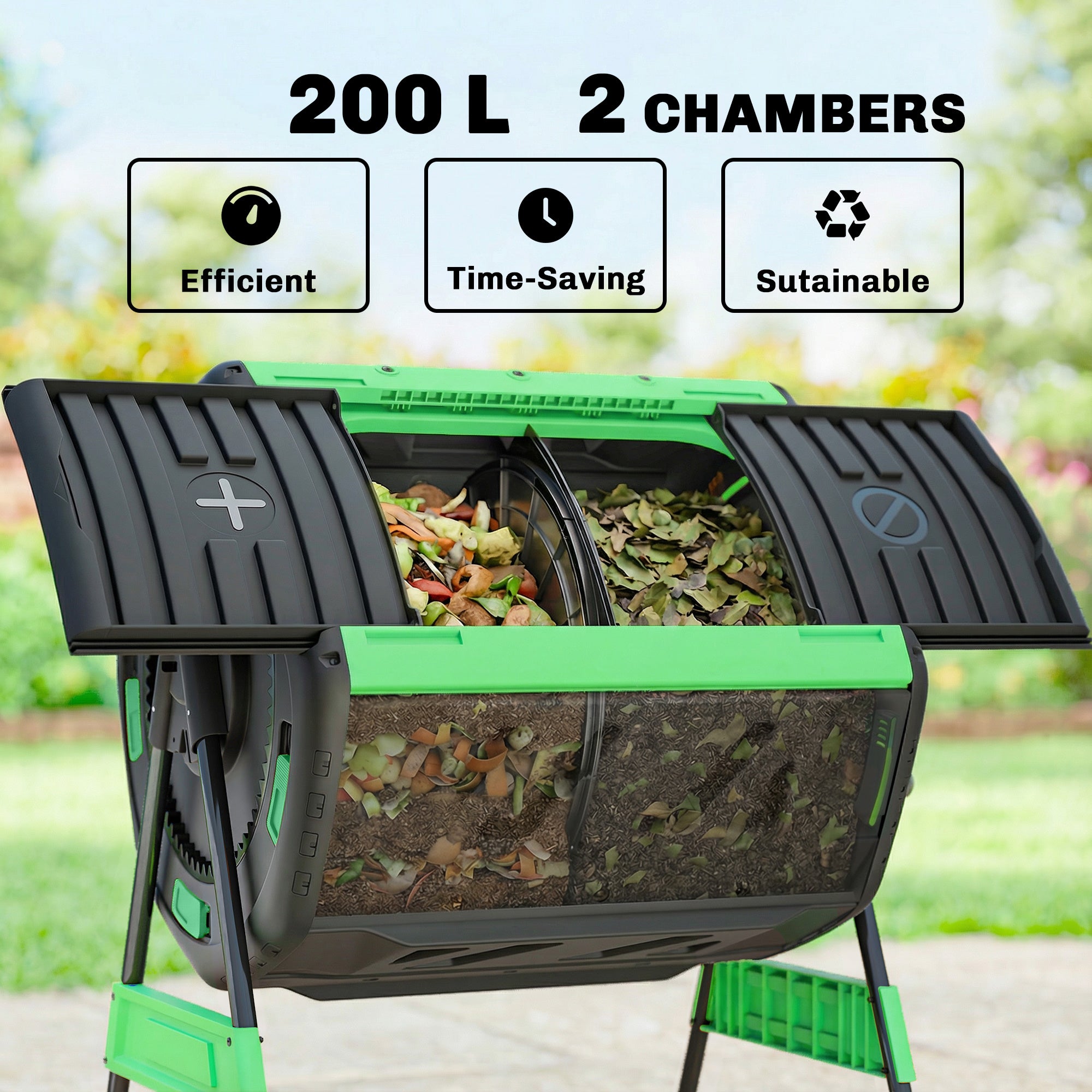 Compost Bin Outdoor, 53 Gal Dual Chamber Tumbling Composter with Adjustable Vents, BPA Free Tumbling Composter, Green - Green - Image 4