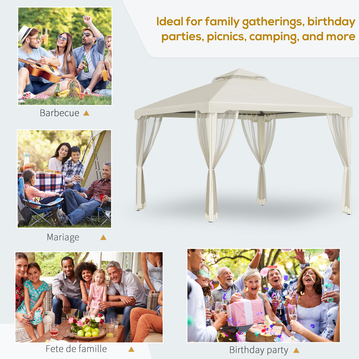 9.6' x 9.6' Patio Gazebo, Outdoor Canopy Shelter with 2-Tier Roof and Netting, Steel Frame for Garden, Lawn, Backyard, and Deck, Cream White
