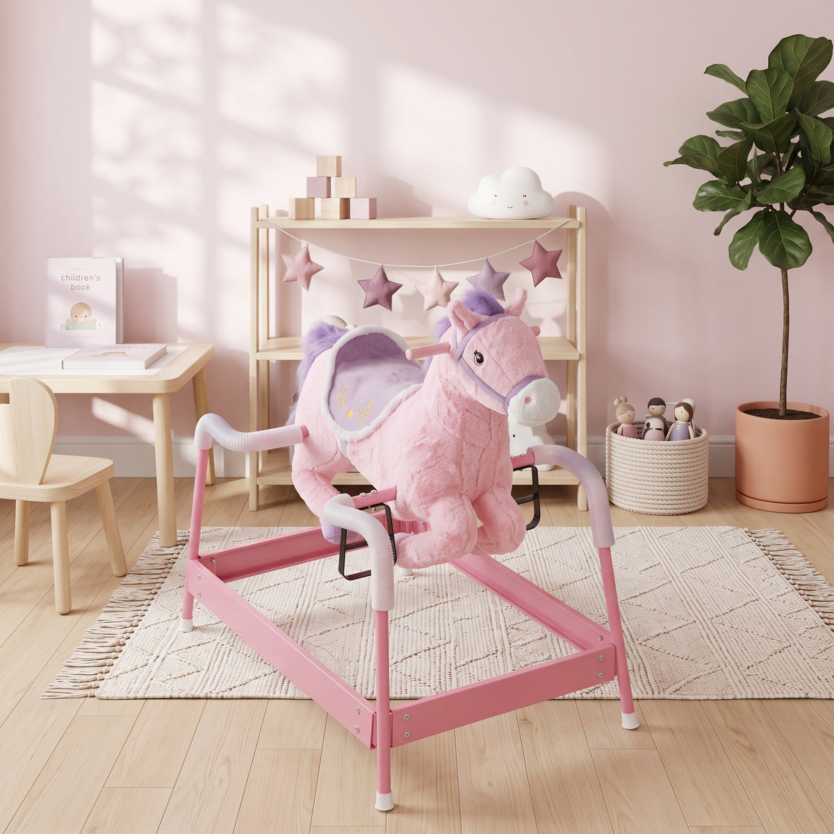 Kids Spring Rocking Horse, Ride on Horse with Neighing Sounds, Plush Animal Ride on Toy for Ages 3+ Years, Pink