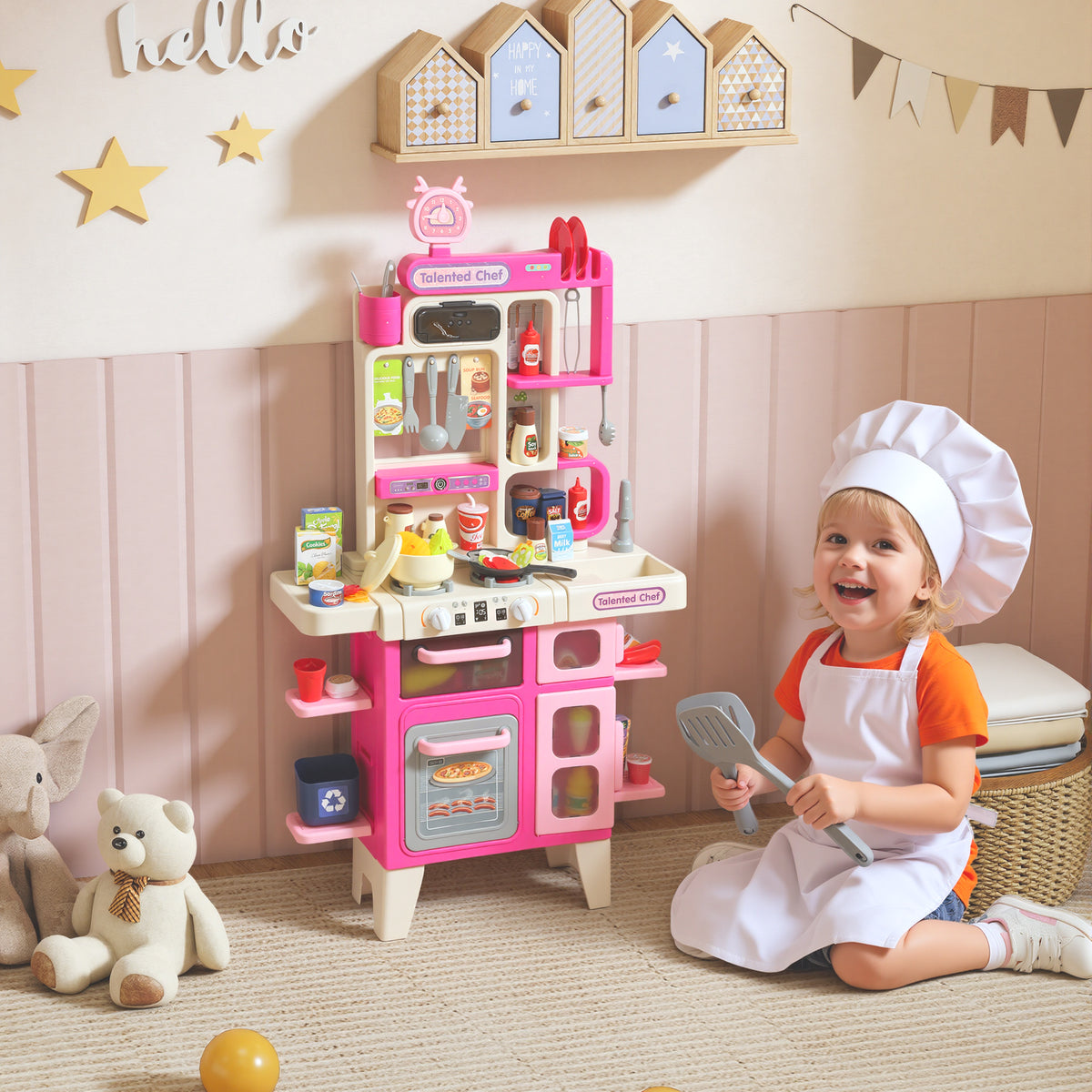 Qaba Pretend Play Kitchen Set with Realistic Lights & Sounds, 104PCS Toy Kitchen Accessories for Boys and Girls, Pink