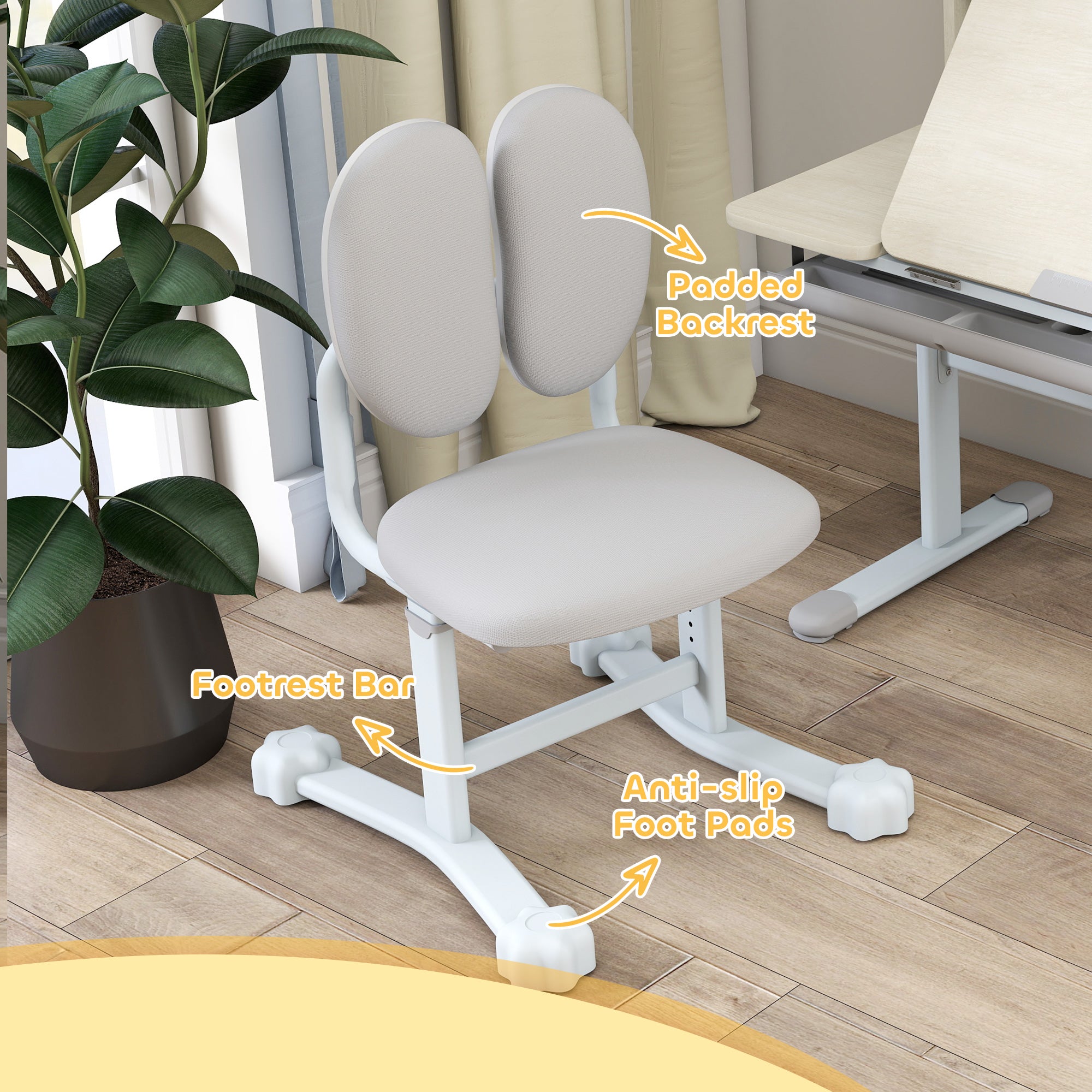 Kids Study Desk and Chair Set with Adjustable Height, Tiltable Desktop, Hutch and Drawer for Ages 3-12, Gray