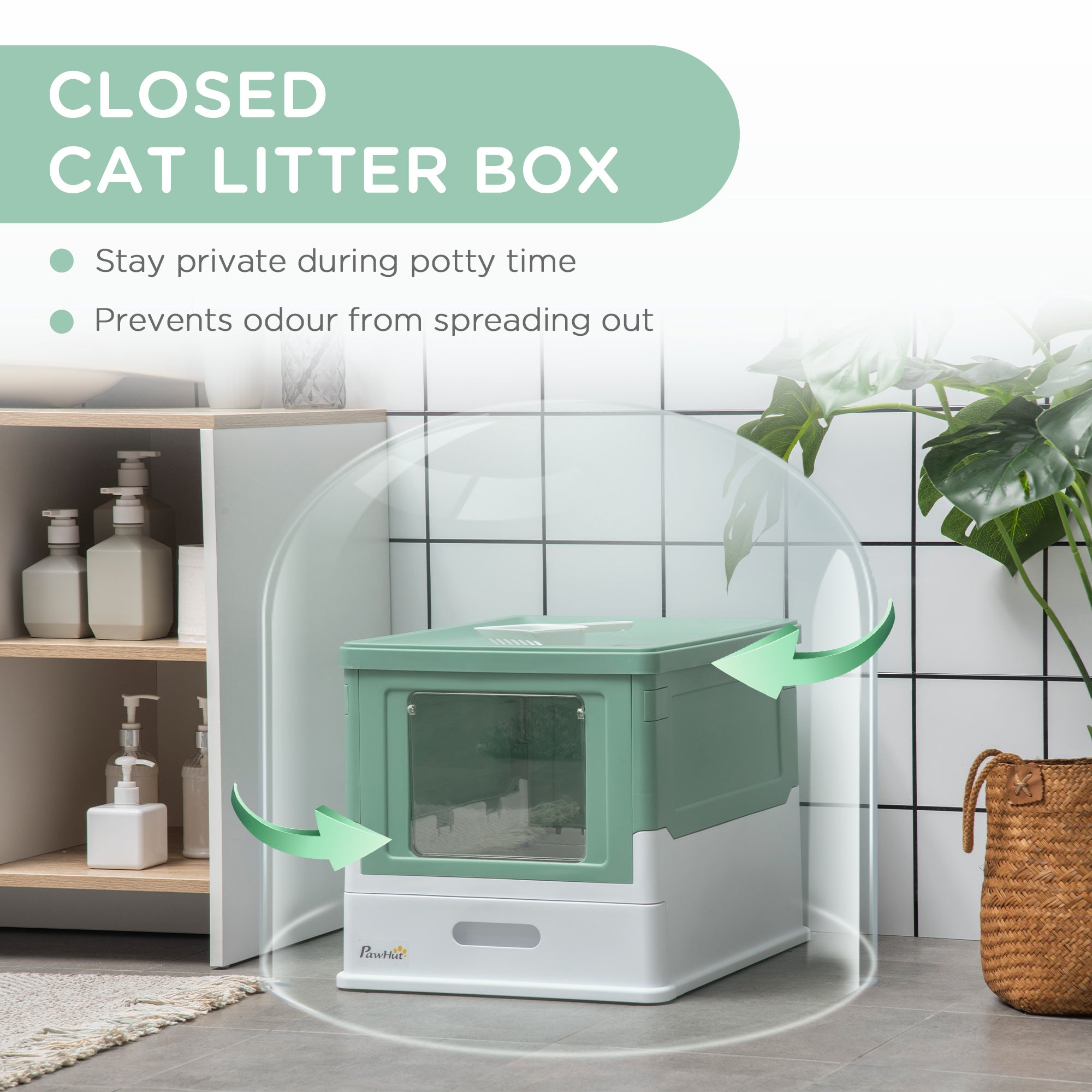 Fully Enclosed Cat Litter Box with Front Entry and Top Exit, Plastic, Green & White - Green - Image 6