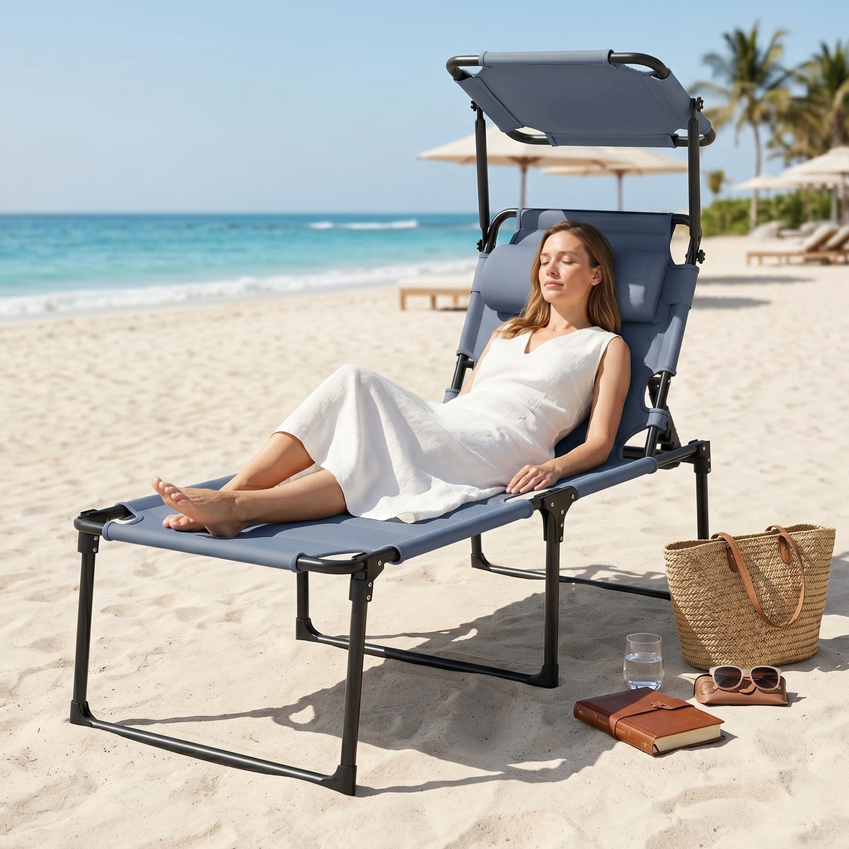 Outdoor Lounge Chair, 4 Position Adjustable Backrest, Folding, Cushioned w/ Sun Shade Roof & Pillow, Gray