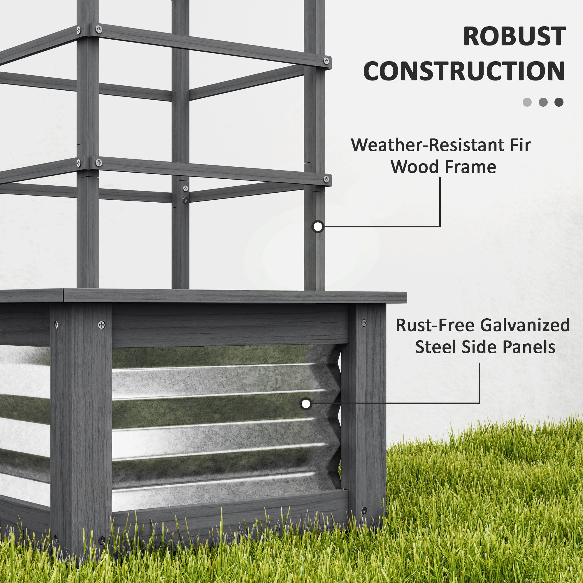 Wooden Raised Garden Bed with Trellis, Galvanized Planter Box Elevated Garden Bed for Garden, Patio, Gray - Gray - Image 6