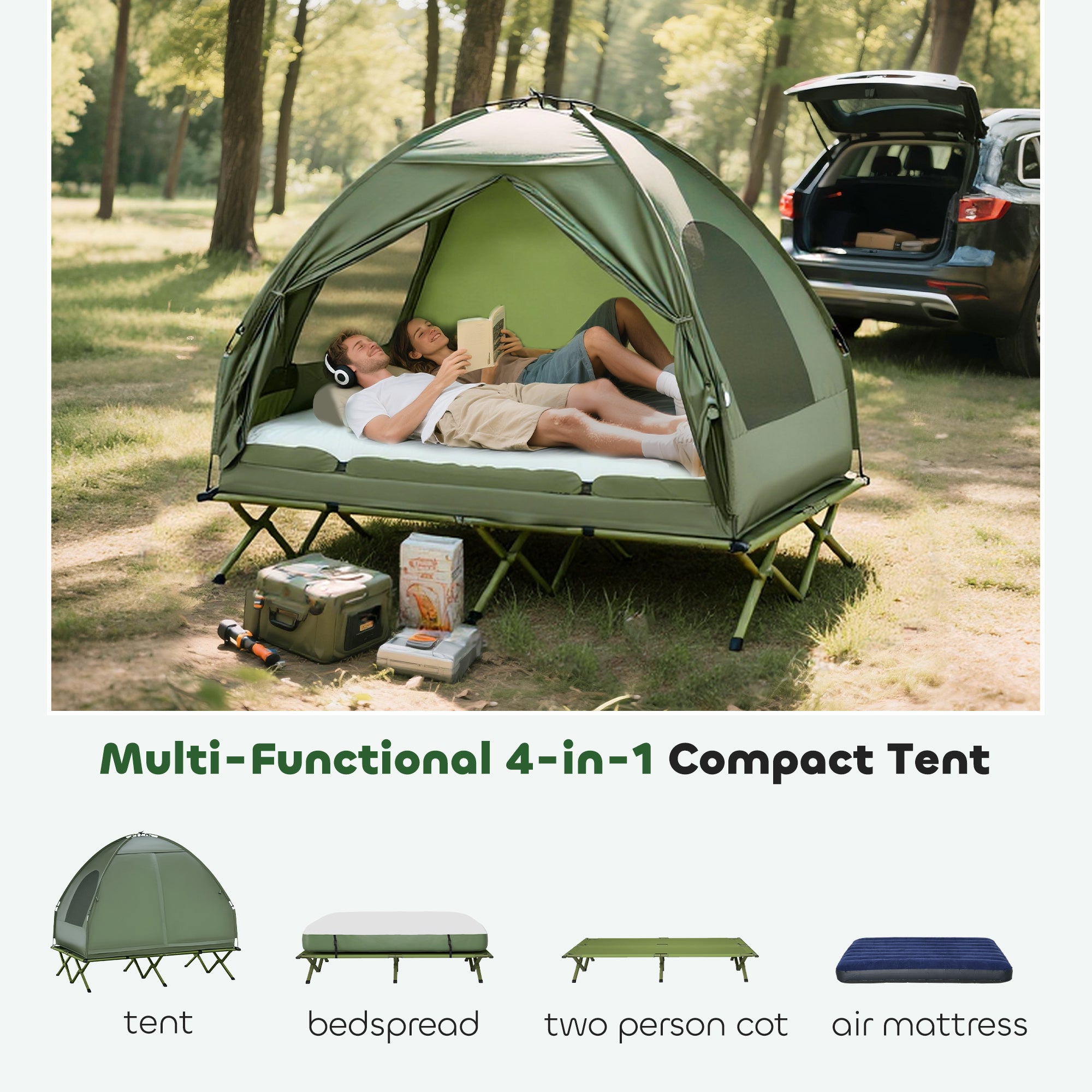 2-Person Tent Cot, 4-in-1 Elevated Camping Bed Combo with Air Mattress, Bed Cover, Foot Pump