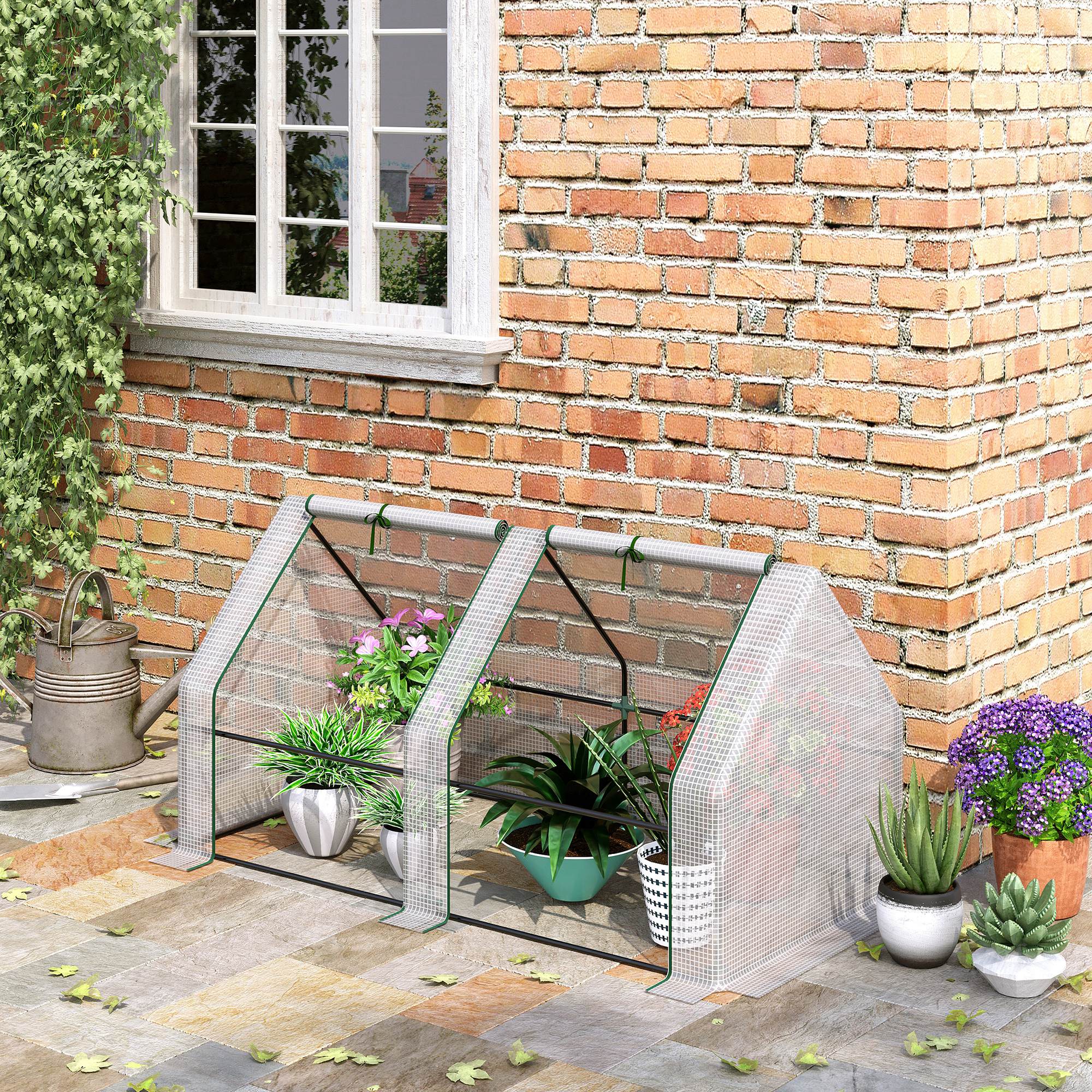 Portable Mini Greenhouse, Outdoor Garden with Large Zipper Doors and Water/UV PE Cover, 6' x 3' x 3', White - White - Image 2