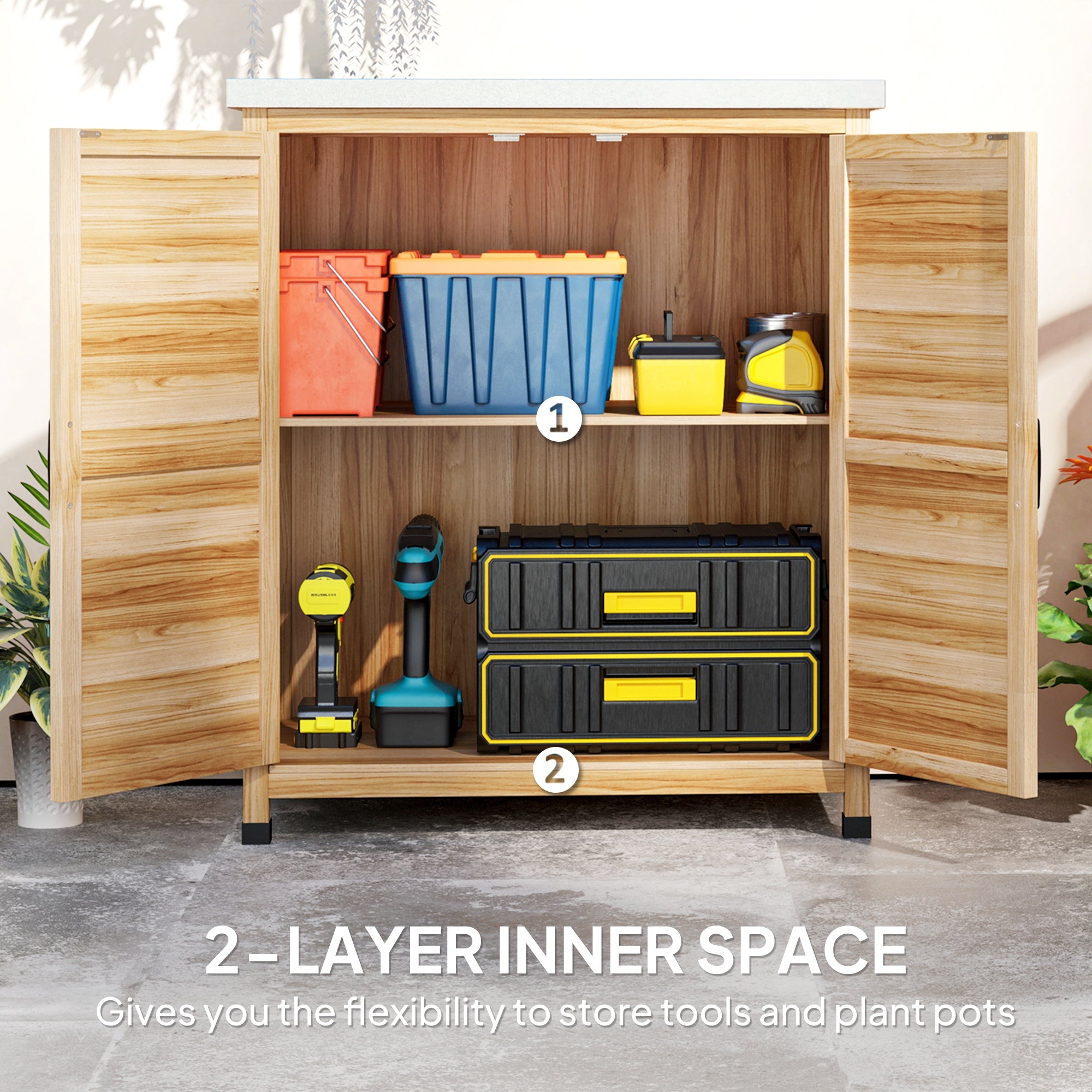 Wooden Storage Cabinet, Outdoor Prep Table w/ Metal Tabletop, Shelves and Double Doors for Patio, Garden, Natural Wood - Natural Wood - Image 6