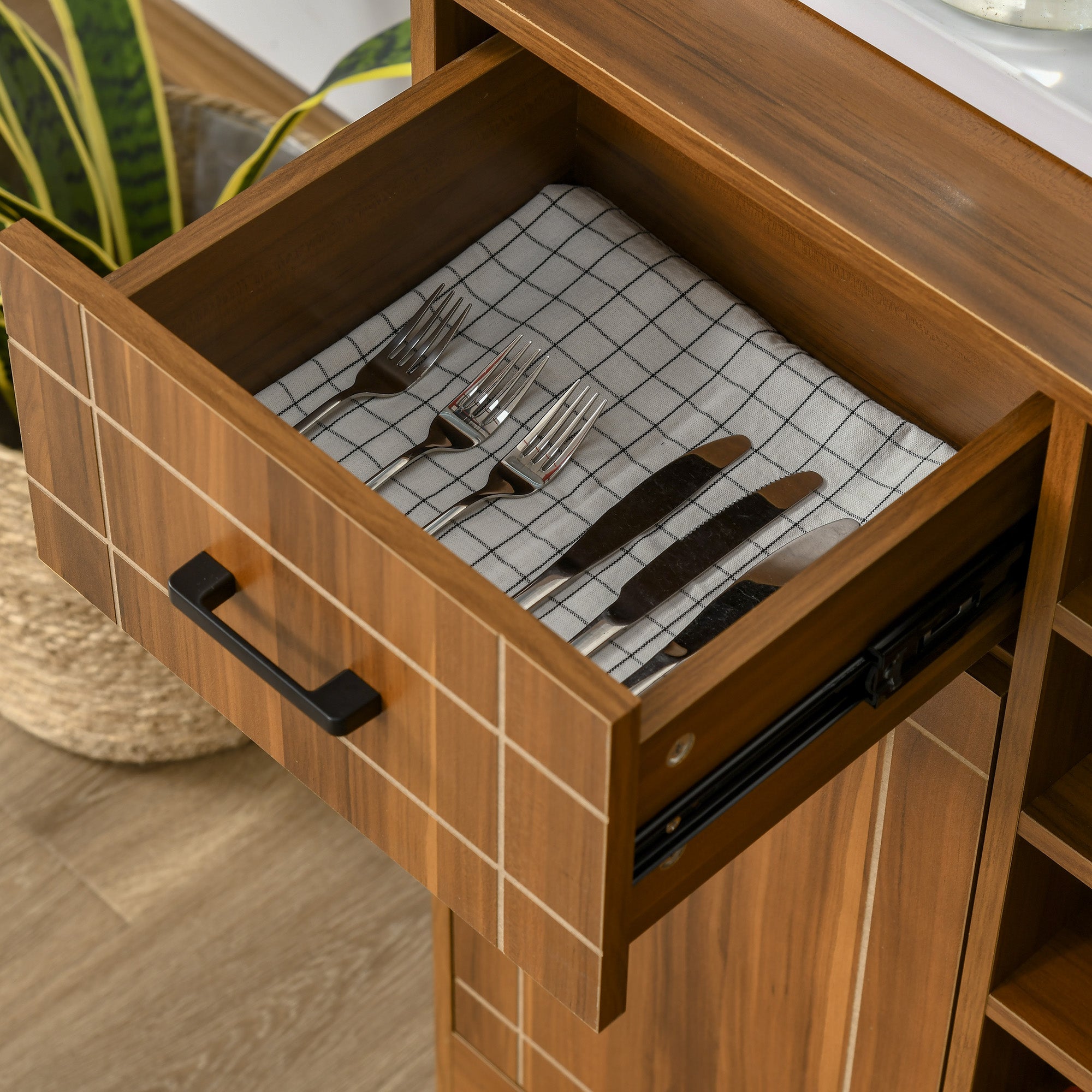 Retro Wine Cabinet for 6 Bottles, Wine Rack Sideboard Serving Bar with Glass Holders and 1 Drawer, Brown