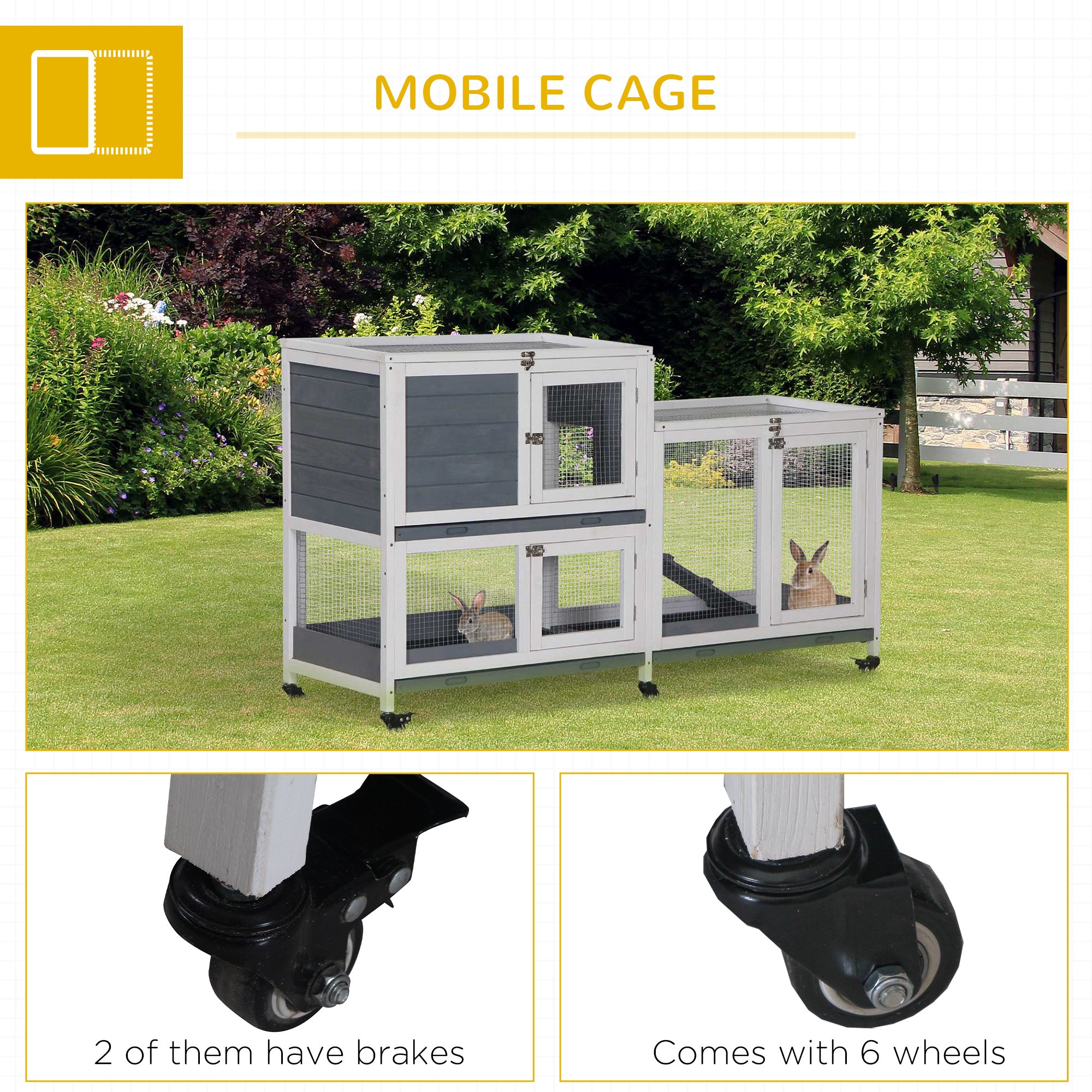 Wooden Rabbit Hutch Bunny Hutch Elevated Pet House Cage Small Animal Habitat with No Leak Tray Lockable Door Openable Top for Rabbits, Chickens, Ducks, Indoor 57.75" x 18" x 32.5" Gray - Grey and White - Image 7