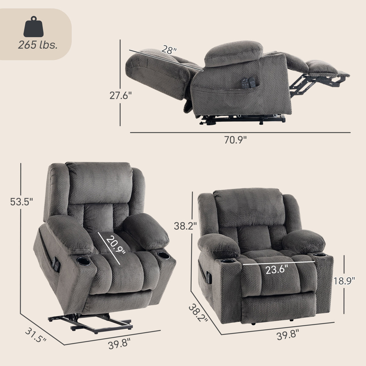 Dual Motor Power Lift Recliner Chair with Massage and Heat for Elderly, 180° Flat Recline, Wide Seat, Dark Gray