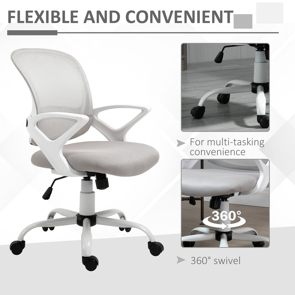 Swivel Mid Back Computer Desk Chair, Ergonomic Mesh Office Chair with Rocking Function, Rolling Wheels, Gray