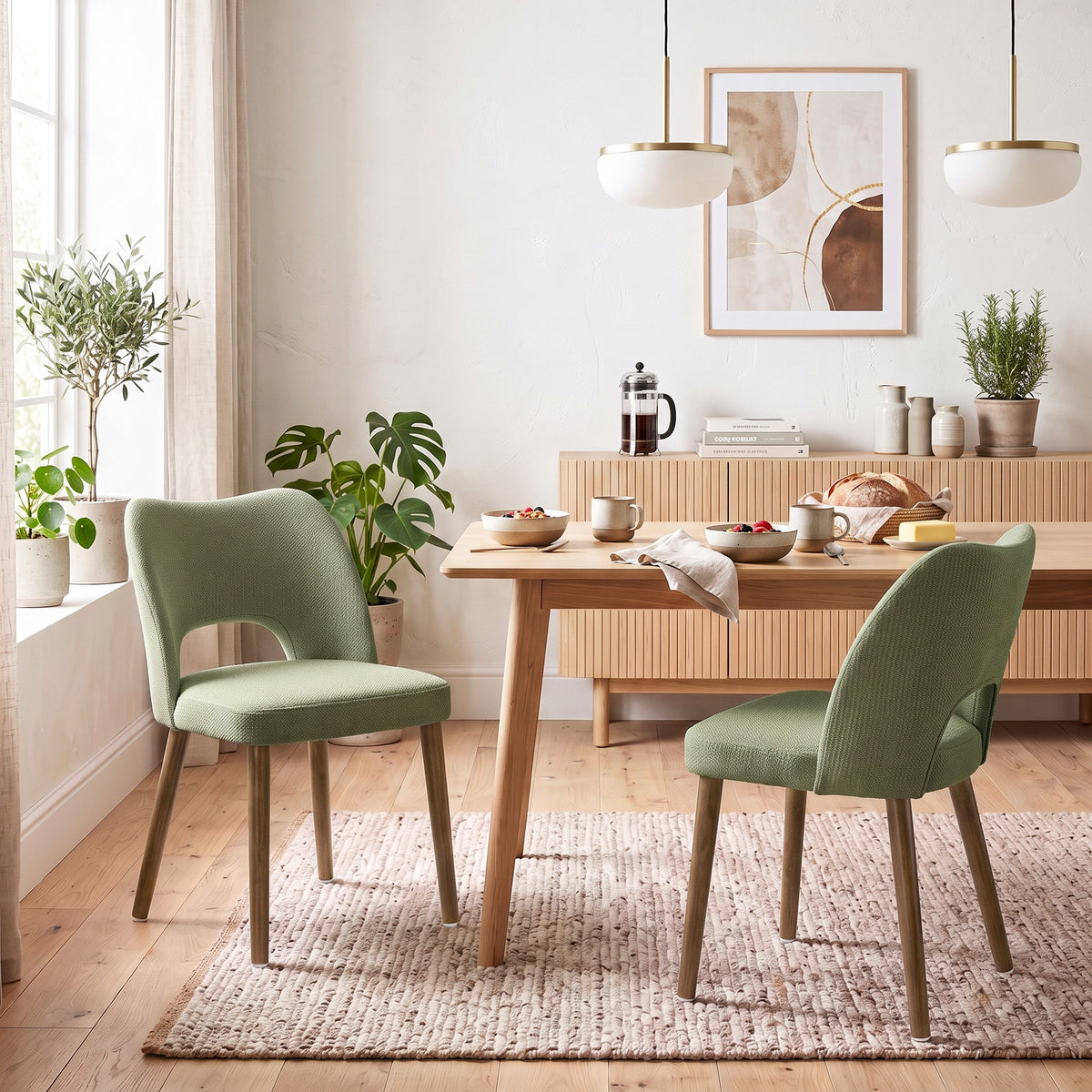 Dining Chairs Set Upholstered Kitchen Chenille Tool Free Assembly Rubberwood Legs, Green