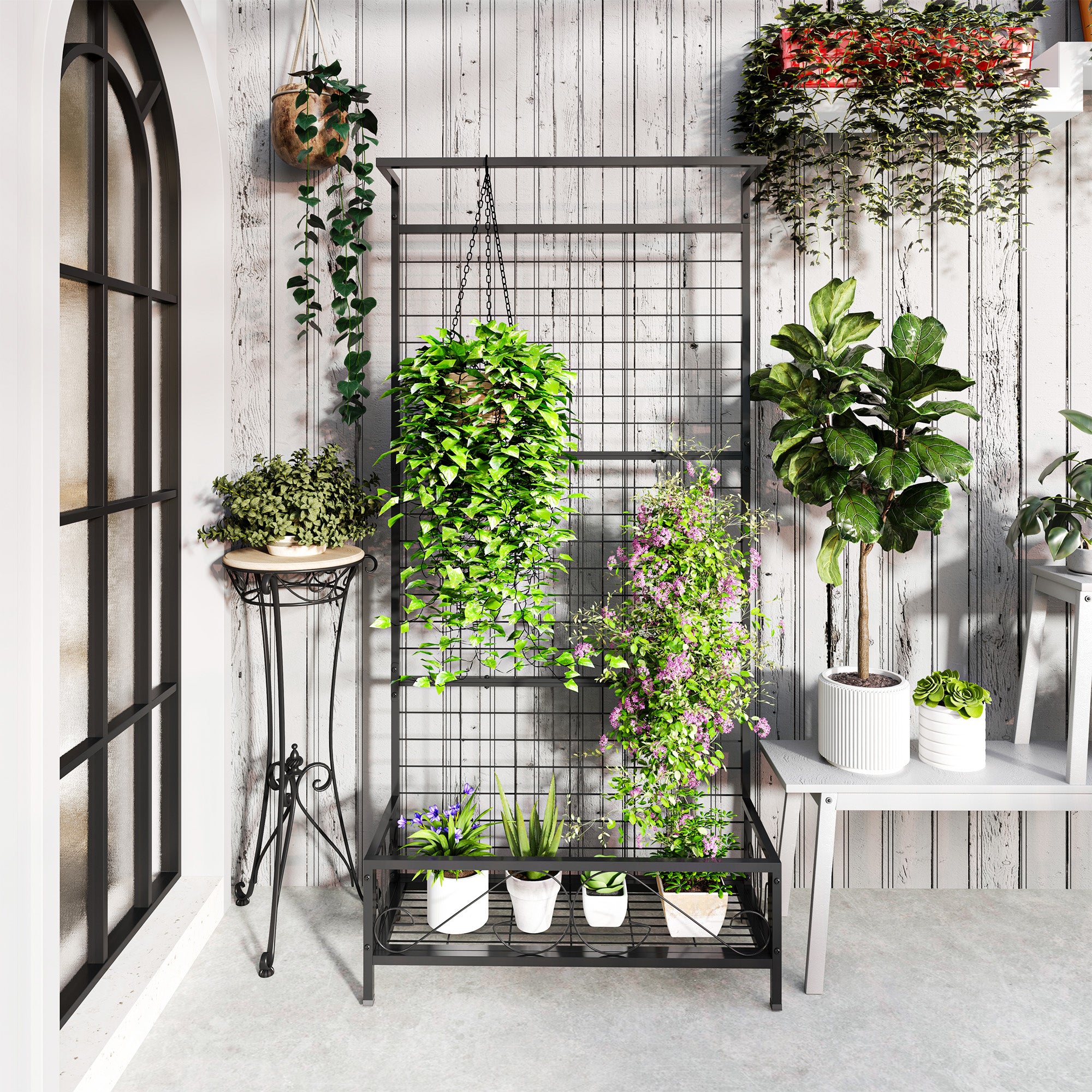 Metal Tall Plant Stand with Trellis and Hanging Bar, Plant Holder for Indoor Outdoor Use, 35" x 12.8" x 74", Black - Black - Image 6