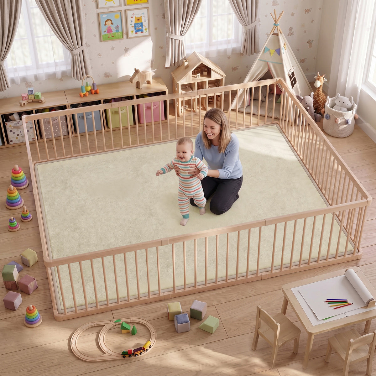 1.2" Thick Baby Play Mat, 110" x 79" Playpen Mat, Non-Slip, Water-Resistant, Soft Flannel for Crawling, Cream White