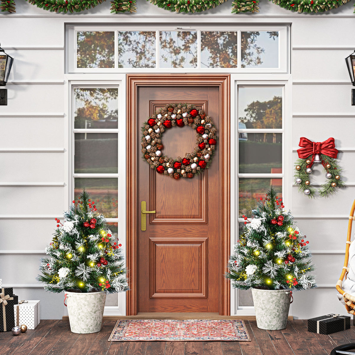 2.5 Ft/30" 2 Pack Outdoor Entryway Pre-Lit Artificial Christmas Tree Cordless with 70 Branches, Warm White LED lights, Red Berries, Pine Cones, Balls, Green
