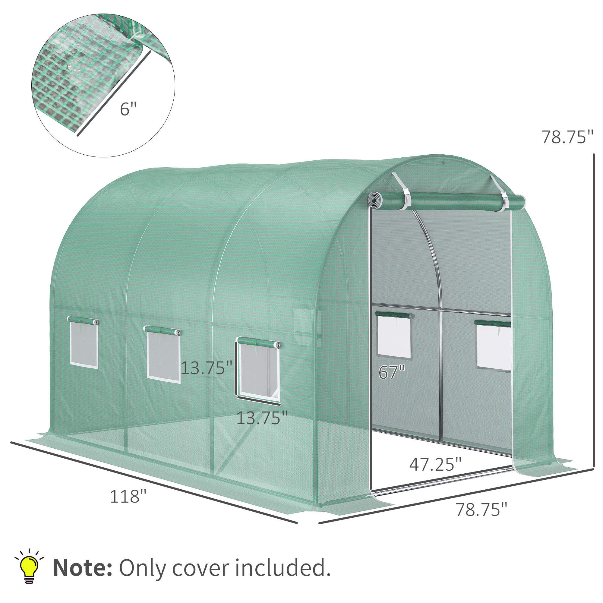 9.8' x 6.6' x 6.6' Plastic Greenhouse Cover Replacement, Heavy Duty Waterproof Tarp for Hoop House, Sheeting with 6 Windows, Door & Reinforcement Grid, Green - green - Image 3