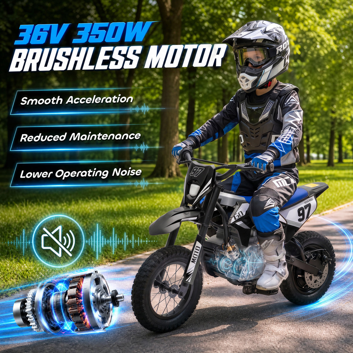 36V Electric Dirt Bike for Kids with Brushless Motor, Up to 9.9 MPH, Inflatable Tires and Rear Suspension, Black