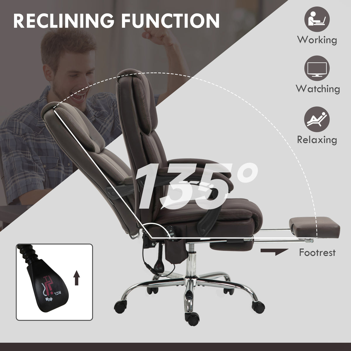 6 Point Vibration Massage Office Chair, PU Leather Reclining Computer Chair with Adjustable Height, Brwon