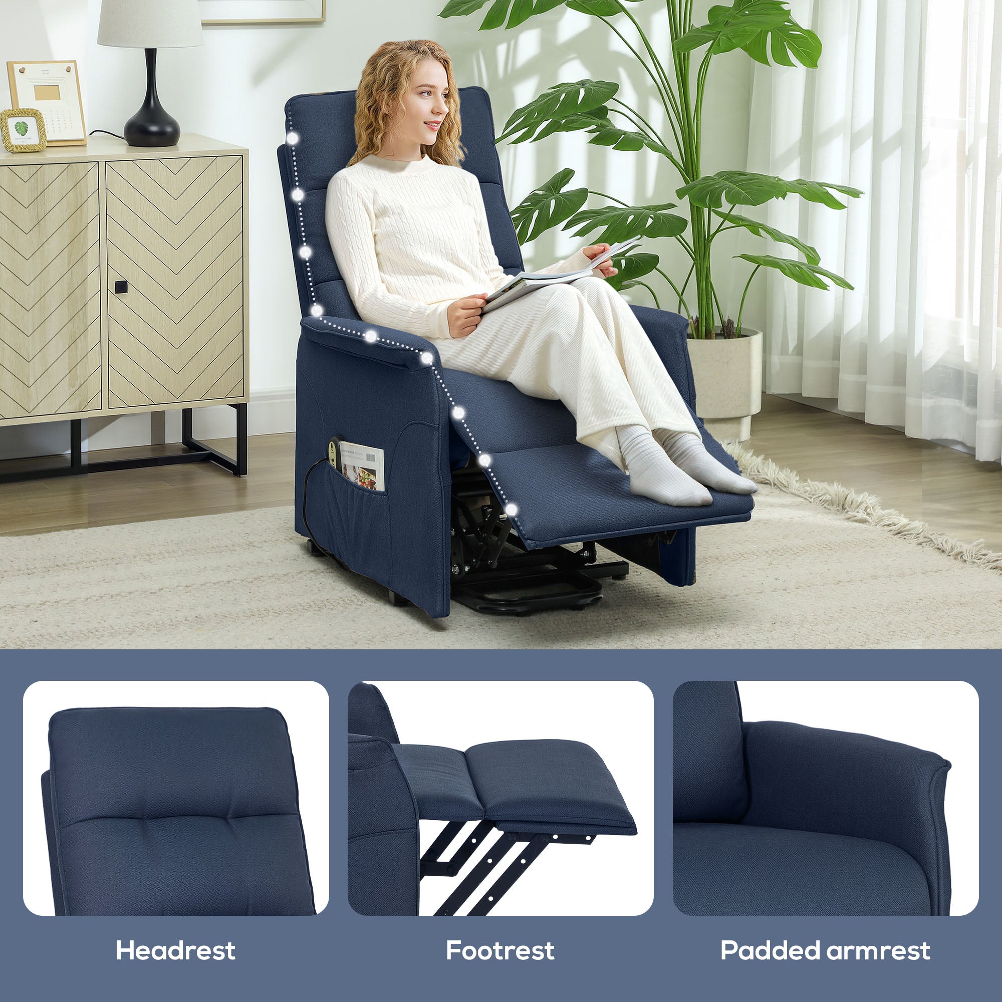 Power Lift Chair for Elderly, Fabric Recliner Sofa with Remote Control, Side Pockets, Quick Assembly, Deep Blue