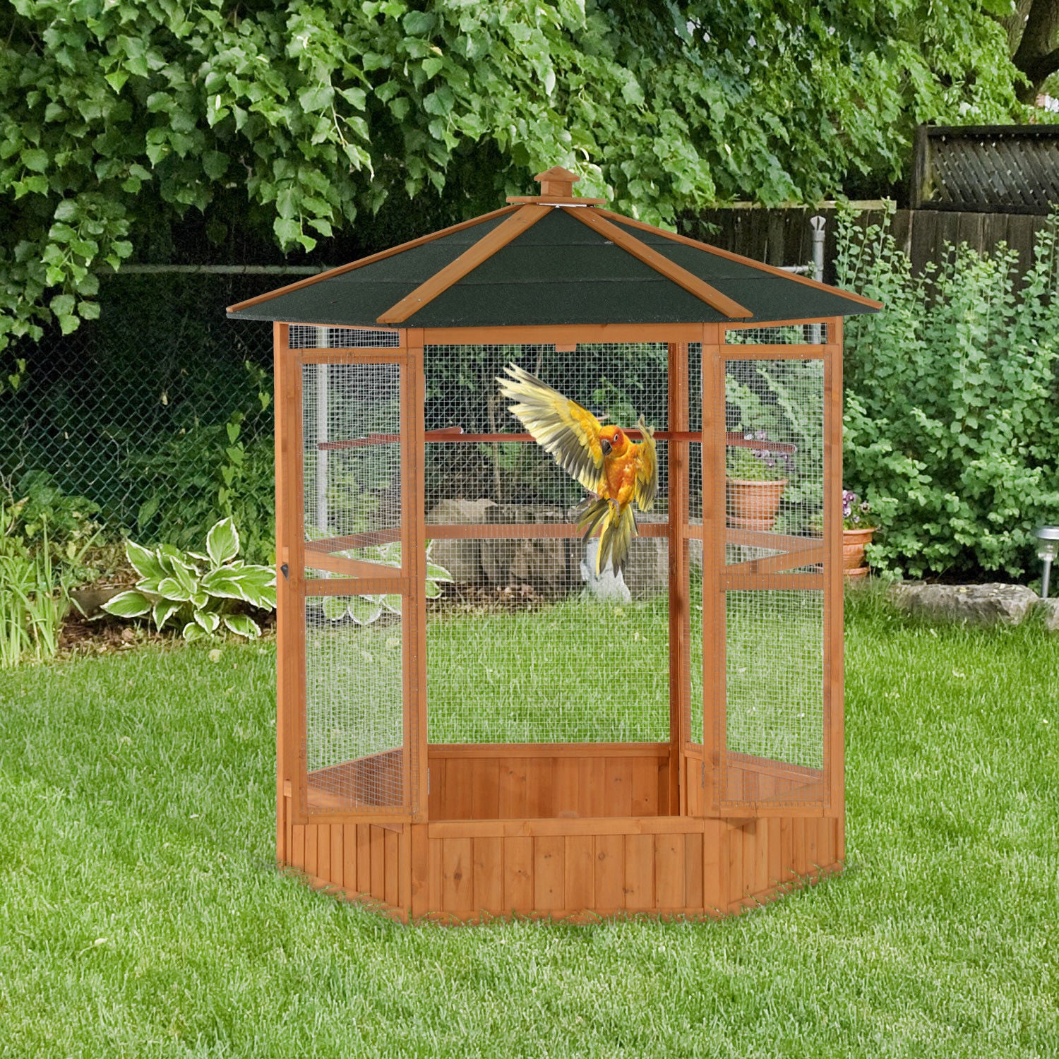 69" Wooden Hexagonal Outdoor Aviary Flight Bird Cage With Covered Roof, Brown - Brown - Image 2