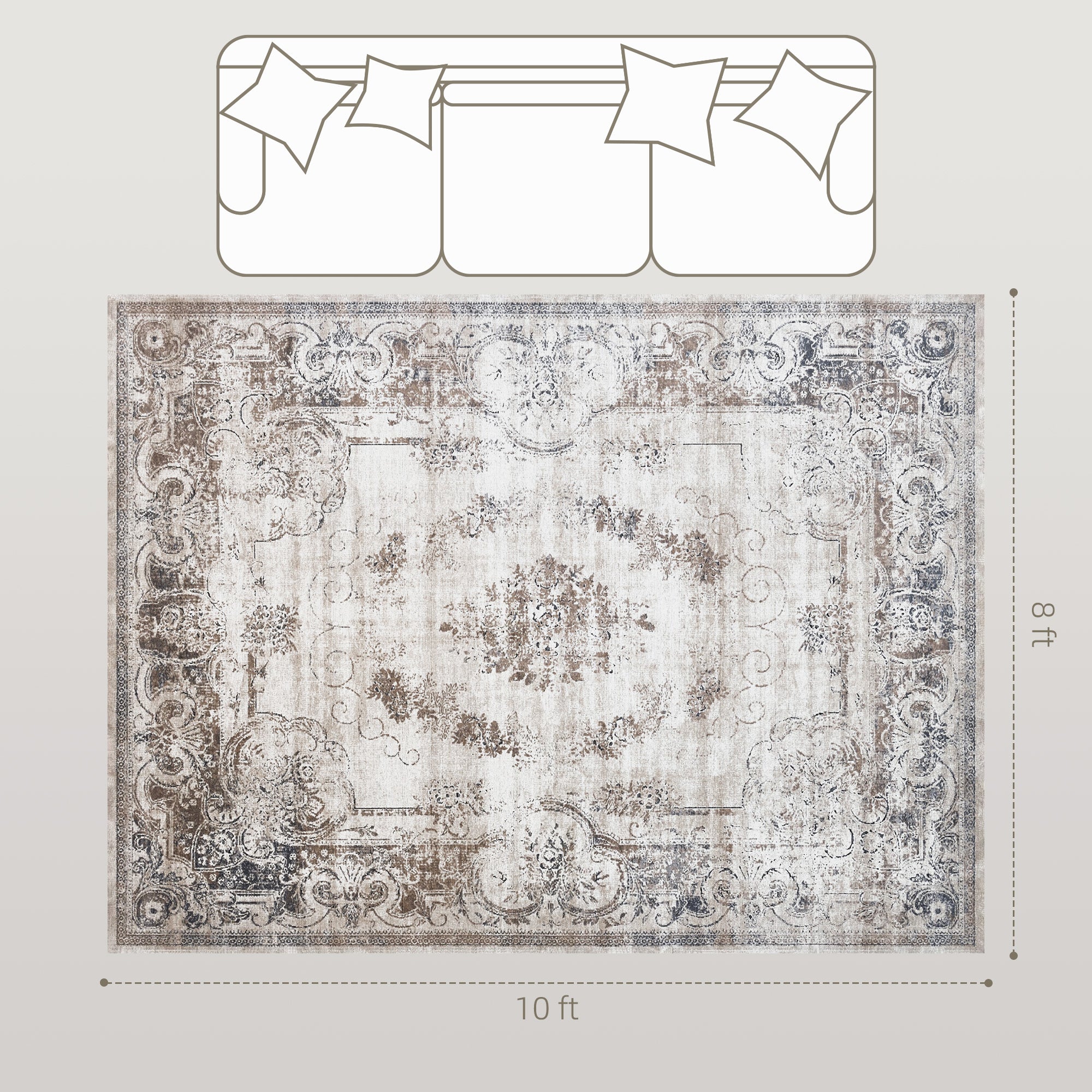 8x10 Boho Area Rug, Machine Washable Carpet for Living Room, Bedroom, Dining Room, Kitchen, Home Office, Brown