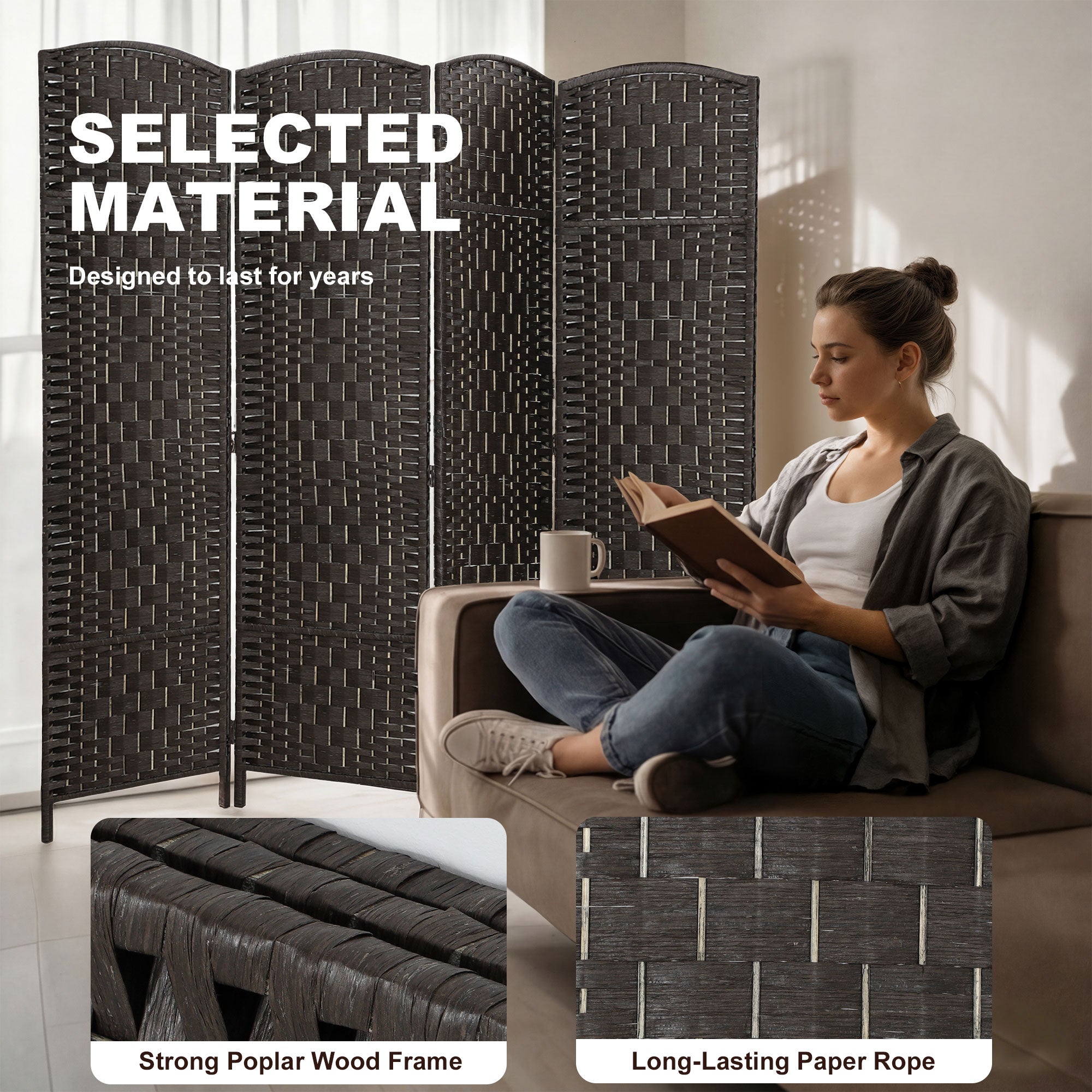 Room Divider, 4 Panel Folding Privacy Screen, 70.9" Tall Portable Weave Partition Wall Divider for Bedroom, Coffee