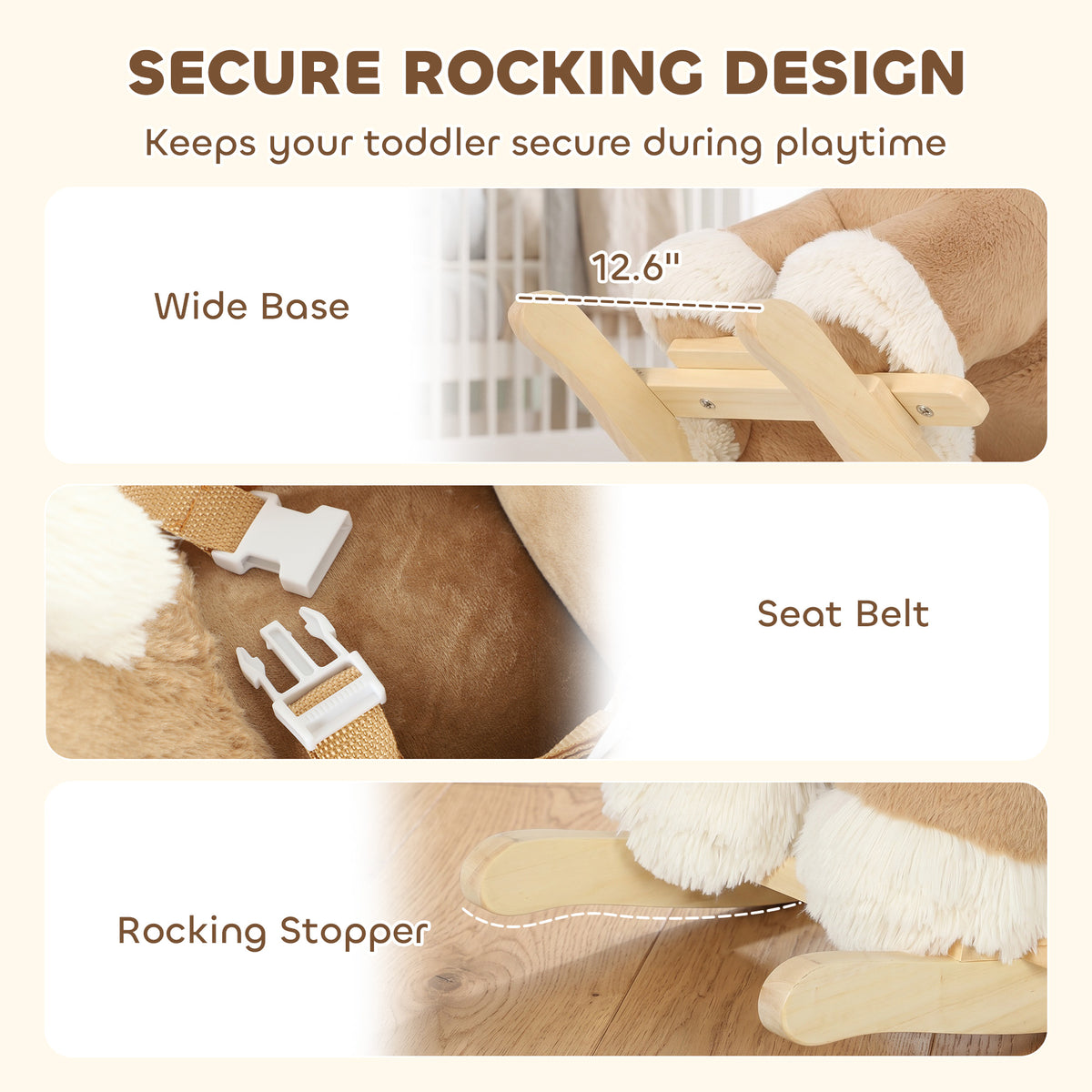 Rocking Horse with Seat Belt, Plush Ride-On Rocker with Realistic Sound for Toddlers Ages 18-36 Months, Brown