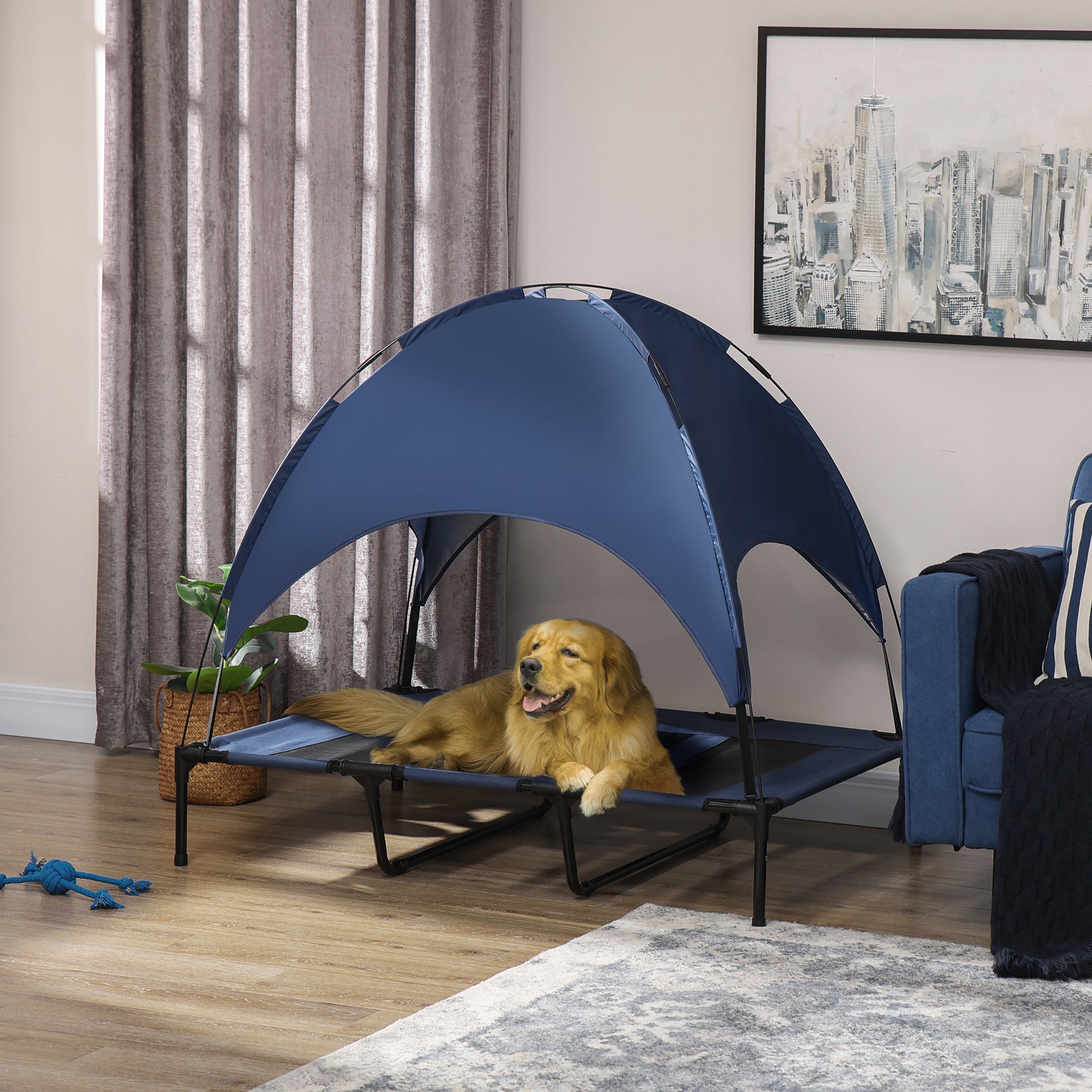 48" x 36" Elevated Portable Dog Cot Cooling Pet Bed with UV Protection Canopy Shade, Dark Blue - Blue - Image 2