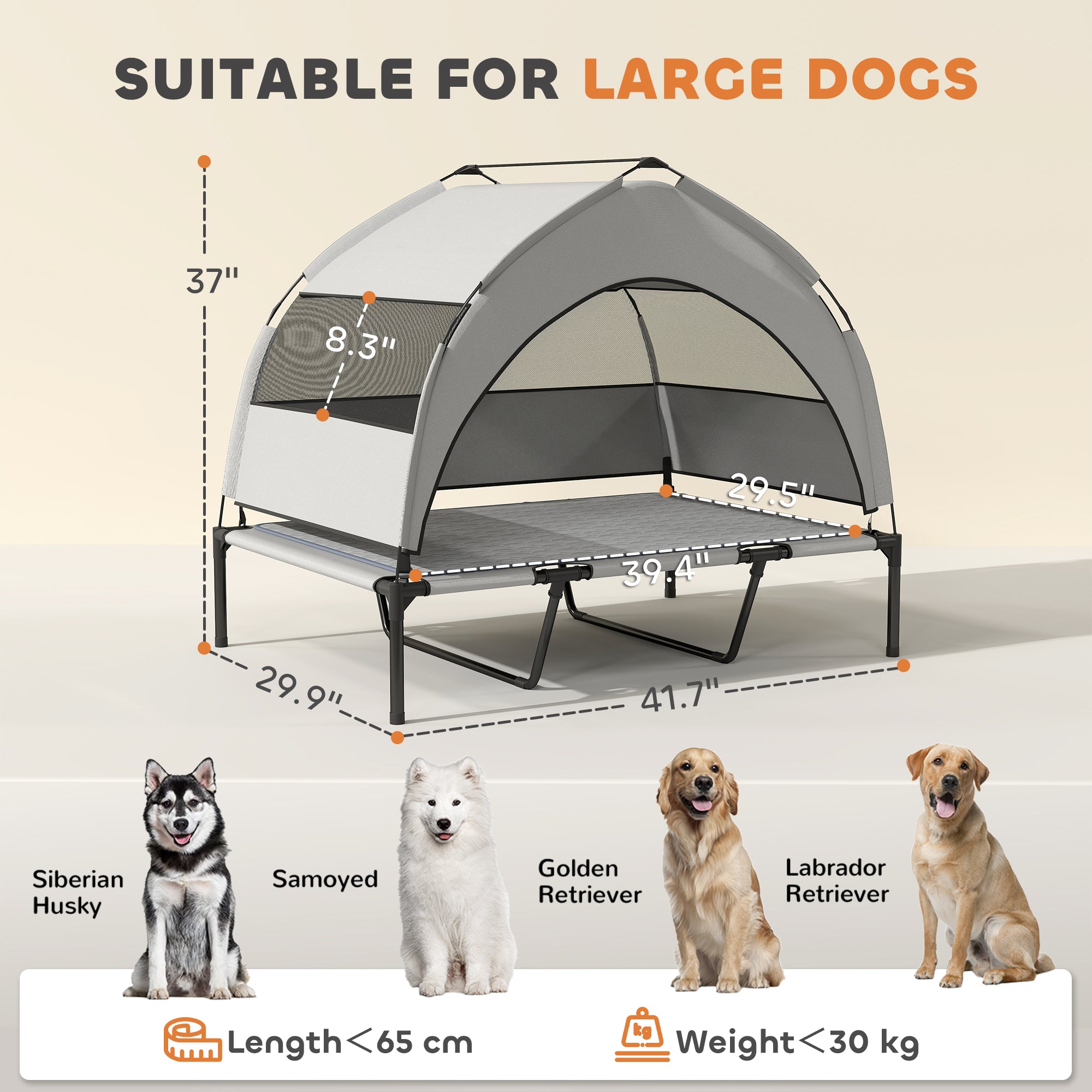 Elevated Dog Bed with Removable Canopy, Portable Outside Raised Pet Cot with Cooling Pad, Storage Bag, 42" x 30" x 37" - Light Gray - Image 3