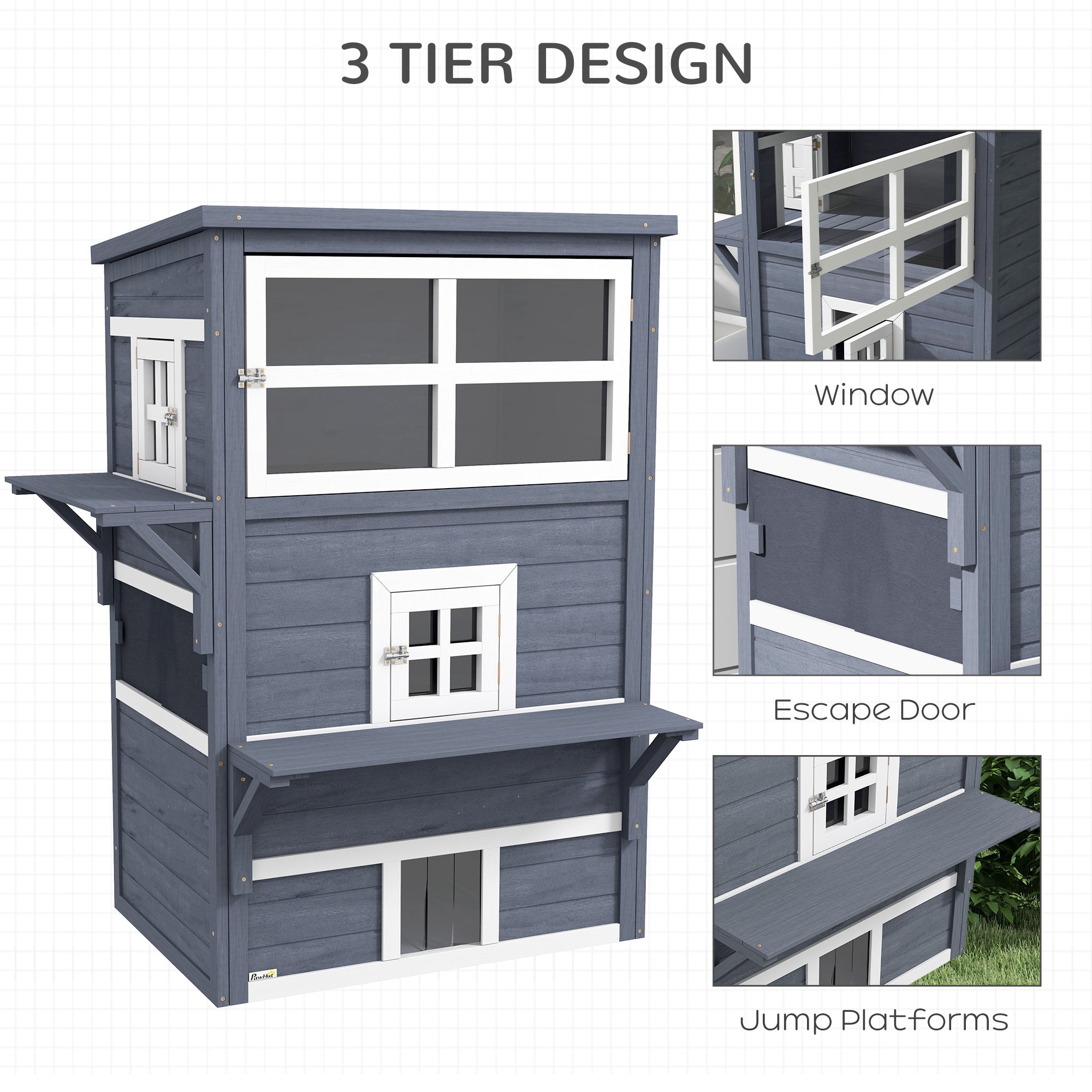 Cat House, Outdoor 3-Tier Kitty Shelter, Weather Resistant, w/ Escape Door - Dark Gray - Image 4