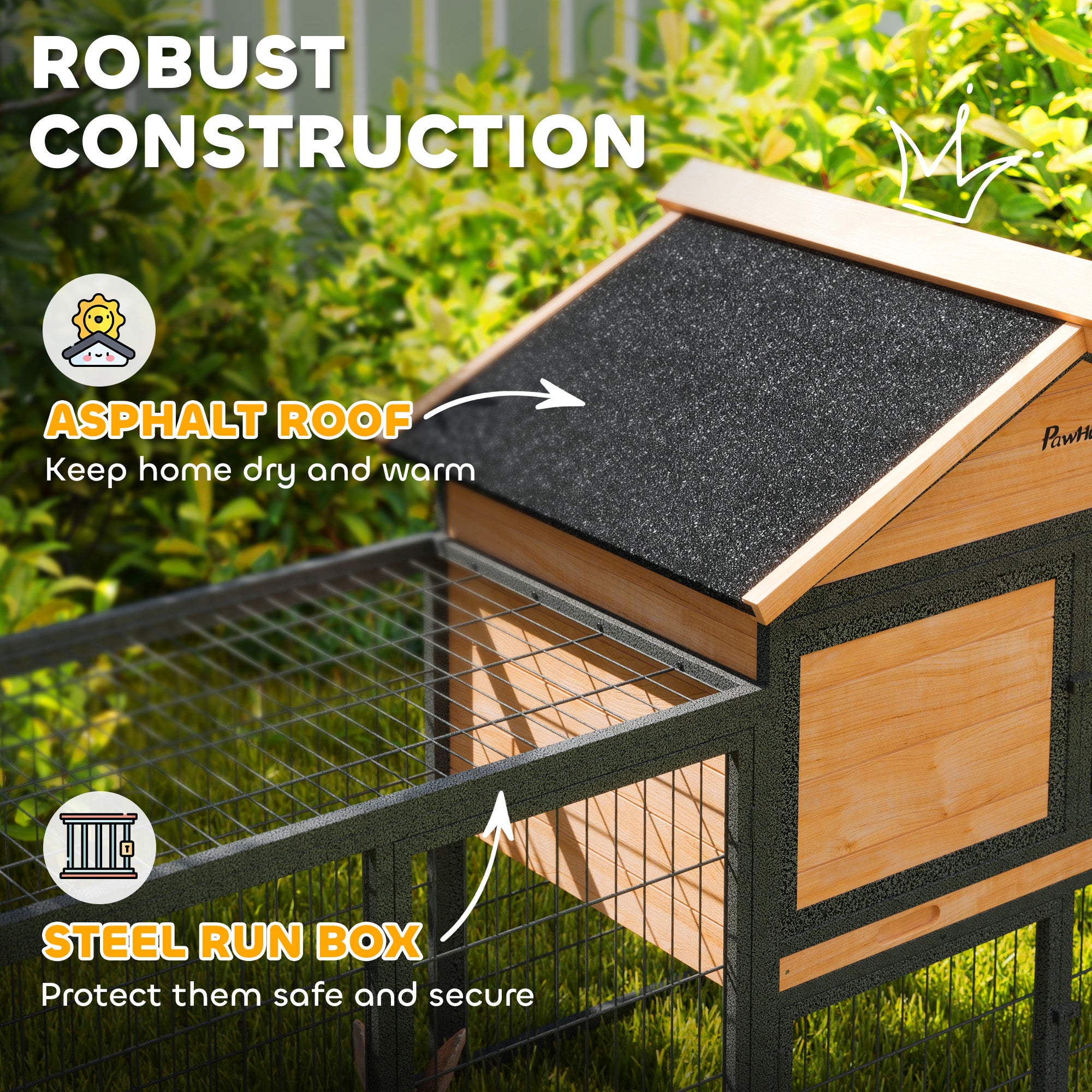 Wooden Rabbit Hutch Outdoor, 85" Large Bunny Cage with Steel Run, Removable Plastic Tray, Asphalt Roof, Ramp - Natural Wood - Image 5