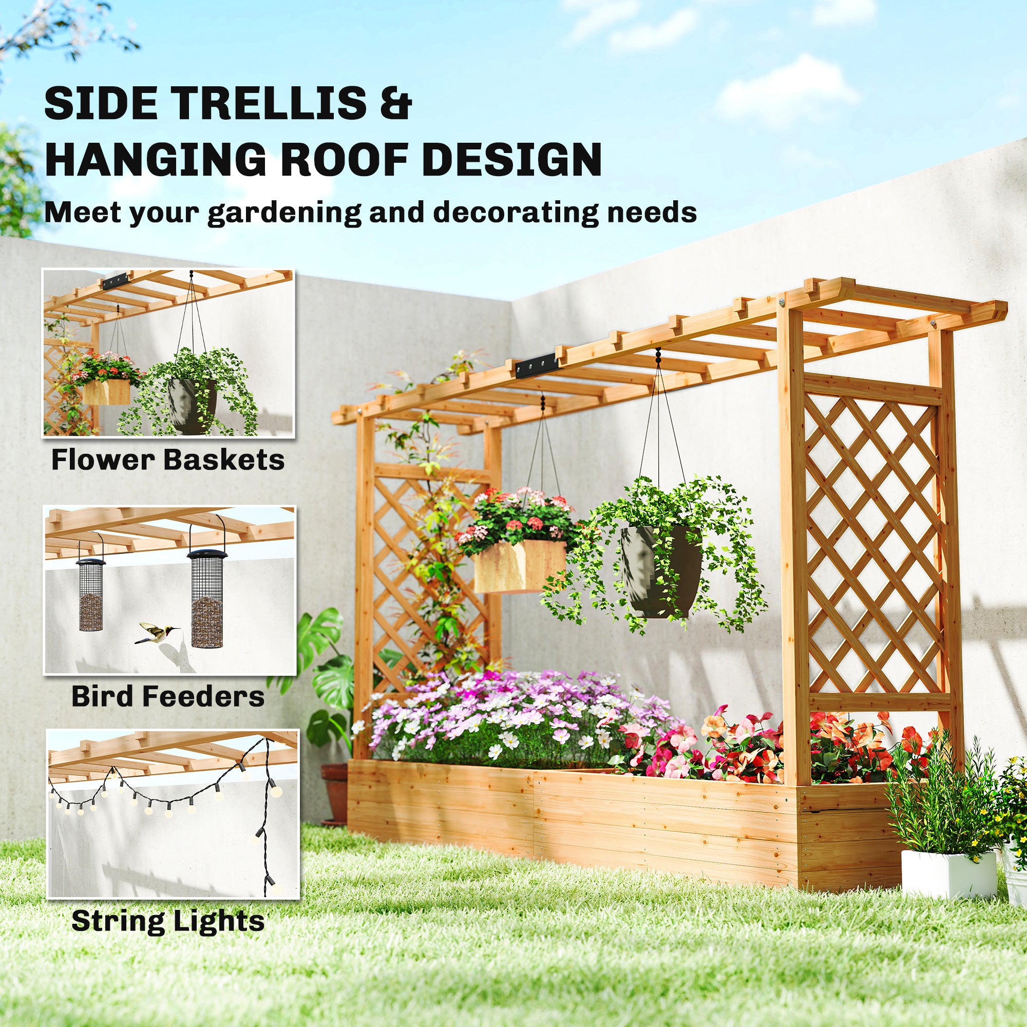 Wooden Planter Box with Trellis, Hanging Roof and Drainage Holes for Climbing Plants, Vegetables, Herbs and Flowers - Natural Wood - Image 5