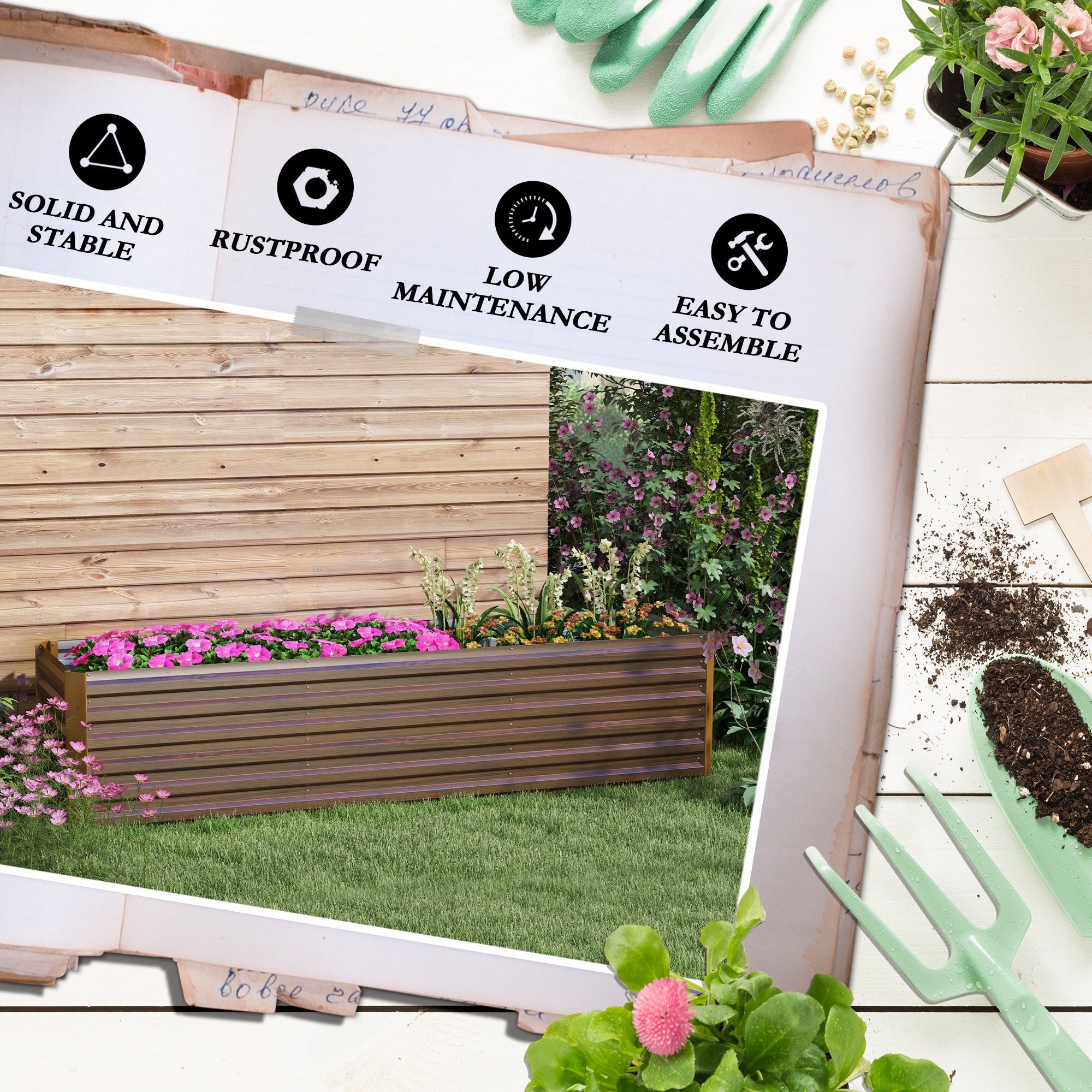 8x2x2ft Galvanized Raised Garden Bed Kit with Safety Edging for Flowers, Herbs and Vegetables, Dark Brown - Brown - Image 7