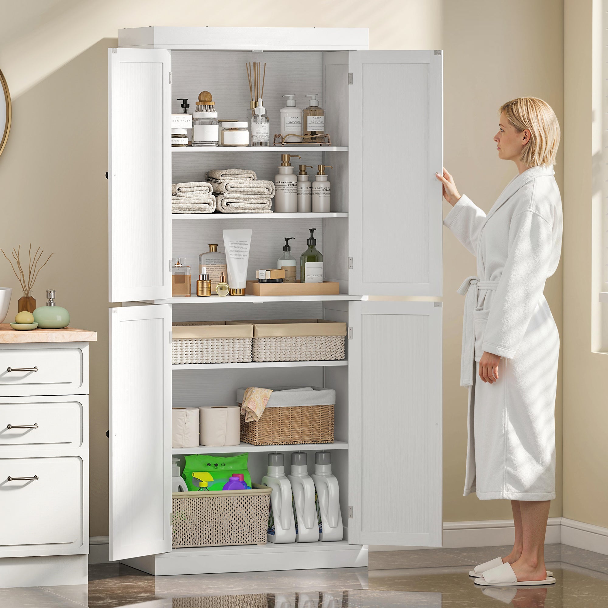 72" Kitchen Cabinet, Pantry Storage Cabinet with Doors and Shelves, Freestanding Food Pantry Cabinet, White Wood Grain