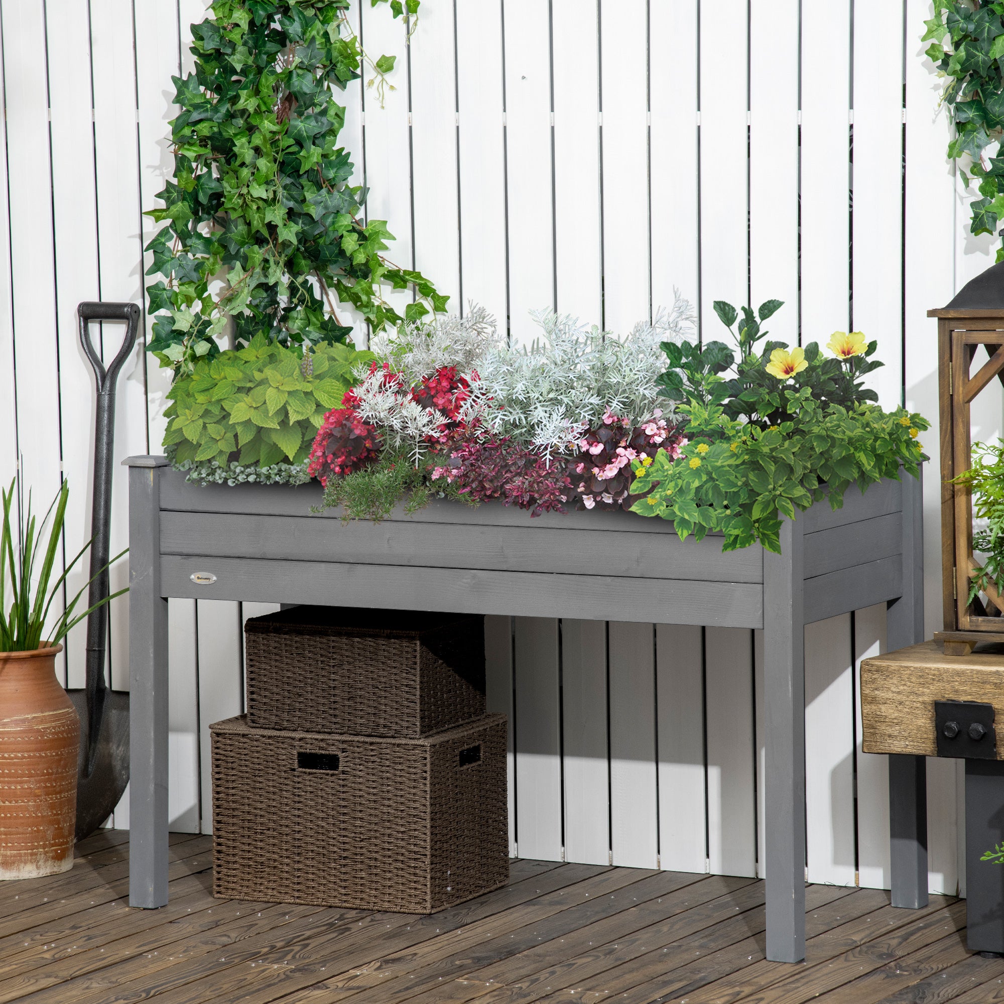 48" Raised Garden Bed, Elevated Wooden Planter Box with Holes for Vegetables, Herb, Flowers for Backyard, Dark Gray - Dark Gray - Image 2
