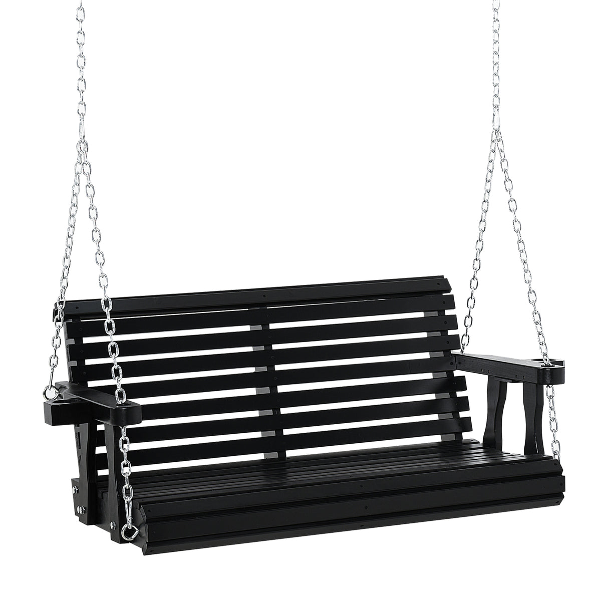 Porch Swing with Chains and Cupholders, 2 Person Wooden Patio Swing Chair, 440 lbs. Weight Capacity, for Garden, Poolside, Backyard, Black
