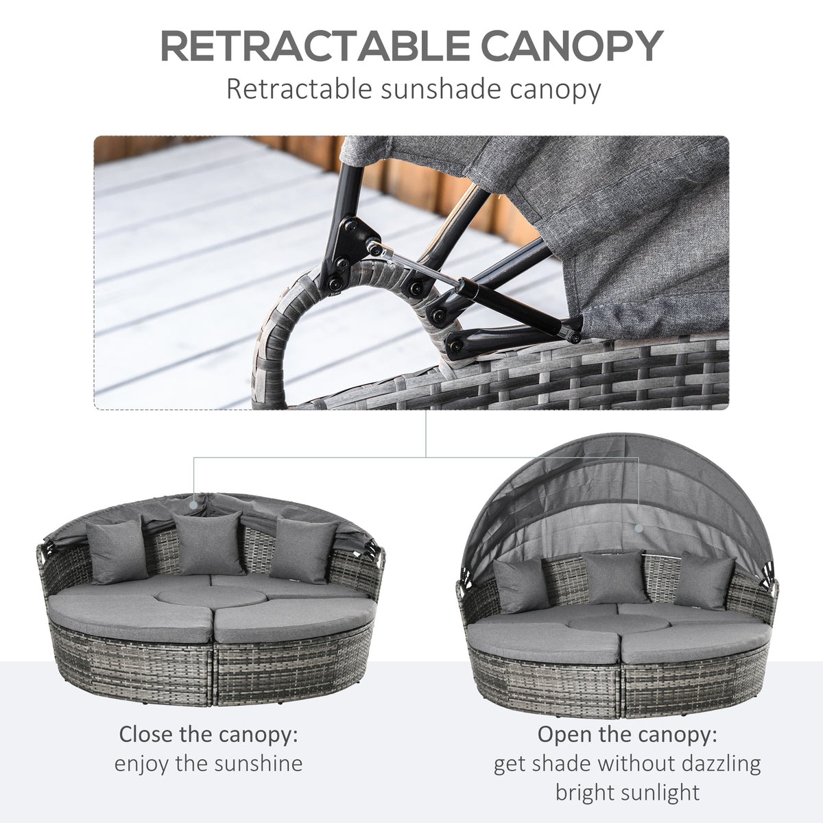 4 Piece Round Rattan Daybed, Convertible Patio Furniture Set, Adjustable Sun Canopy, Sectional Outdoor Sofa, 2 Chairs, Extending Tea Table Ottoman Chair, 3 Pillows, Gray