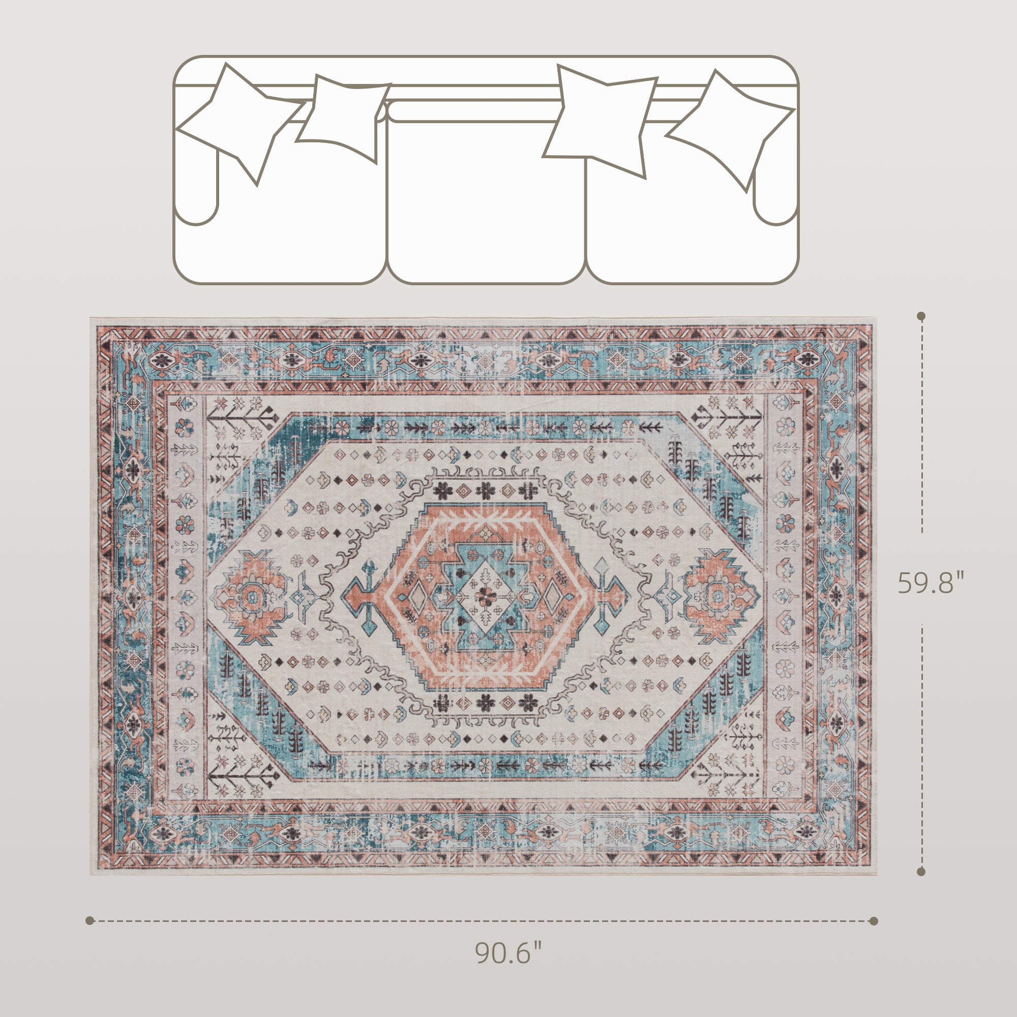 5x7 Area Rug, Vintage Machine Washable Rug, Non-Slip Floor Carpet for Living Room, Bedroom, Dining Room, Brown and Blue