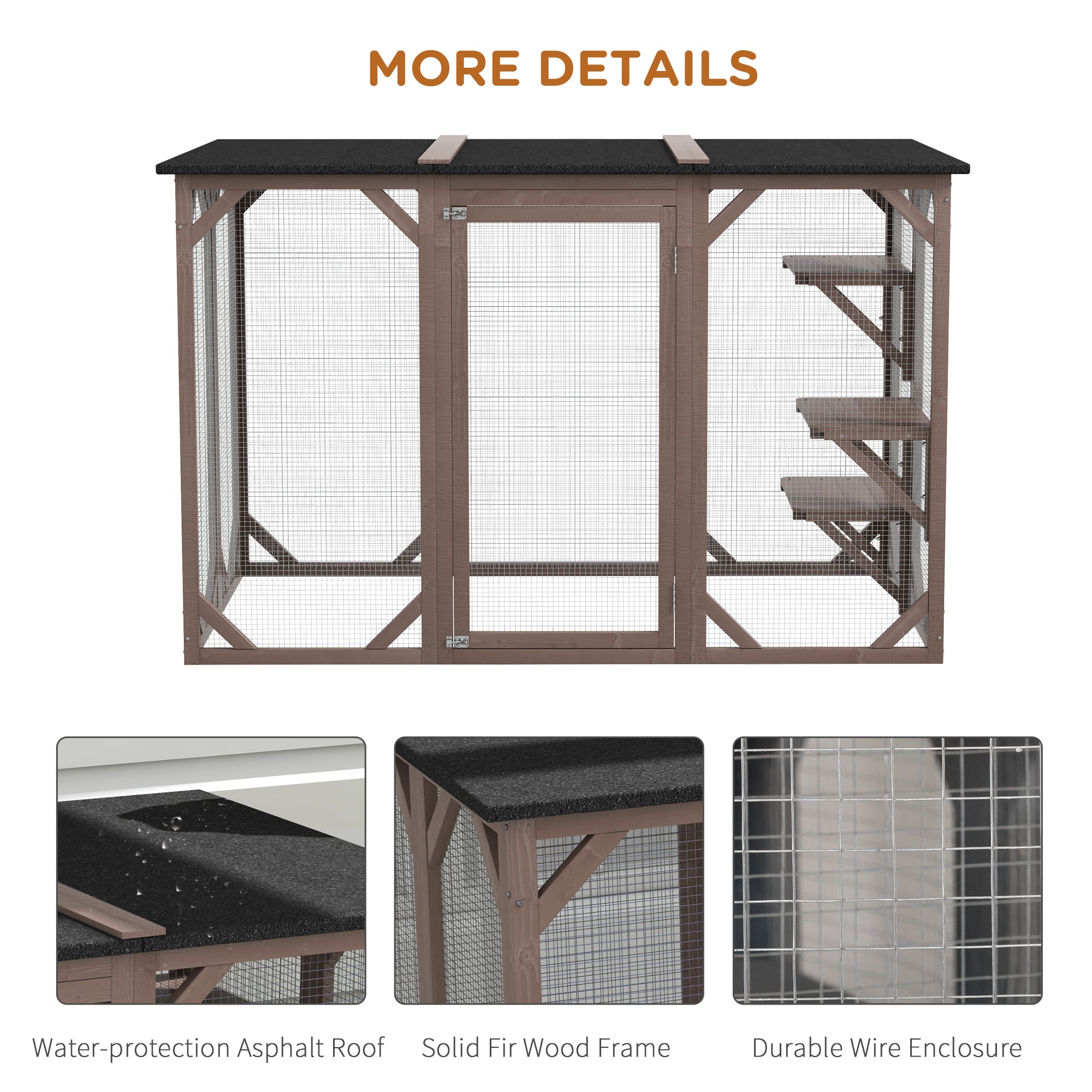 Outdoor Cat House, Catio Wooden Feral Cat Shelter, Cat Cage with Platforms, Large Enter Door, Weather Protection Asphalt Roof, 71" L, Brown - Brown - Image 5